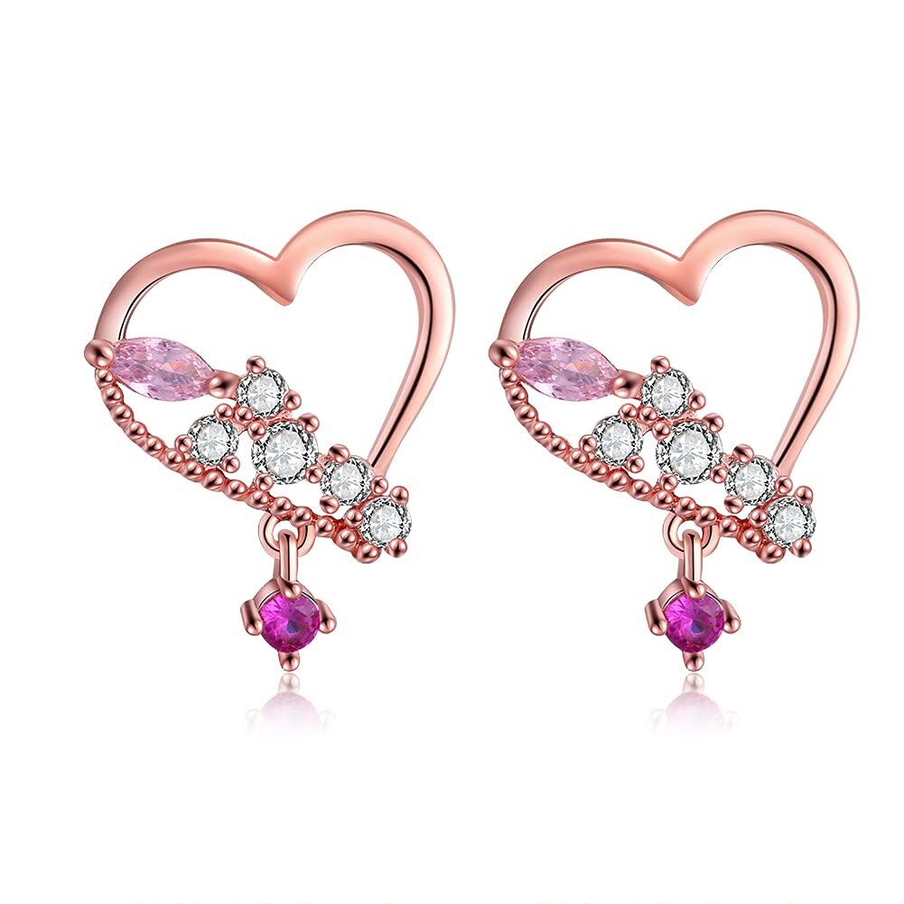 FAMARINE Rose Gold Heart Stud Drop Earrings for Women & Girls - Dainty Love Red Cubic Zirconia Dangle Earrings Necklace Set - Perfect for Weddings, Anniversaries & Valentine's Day Gifts