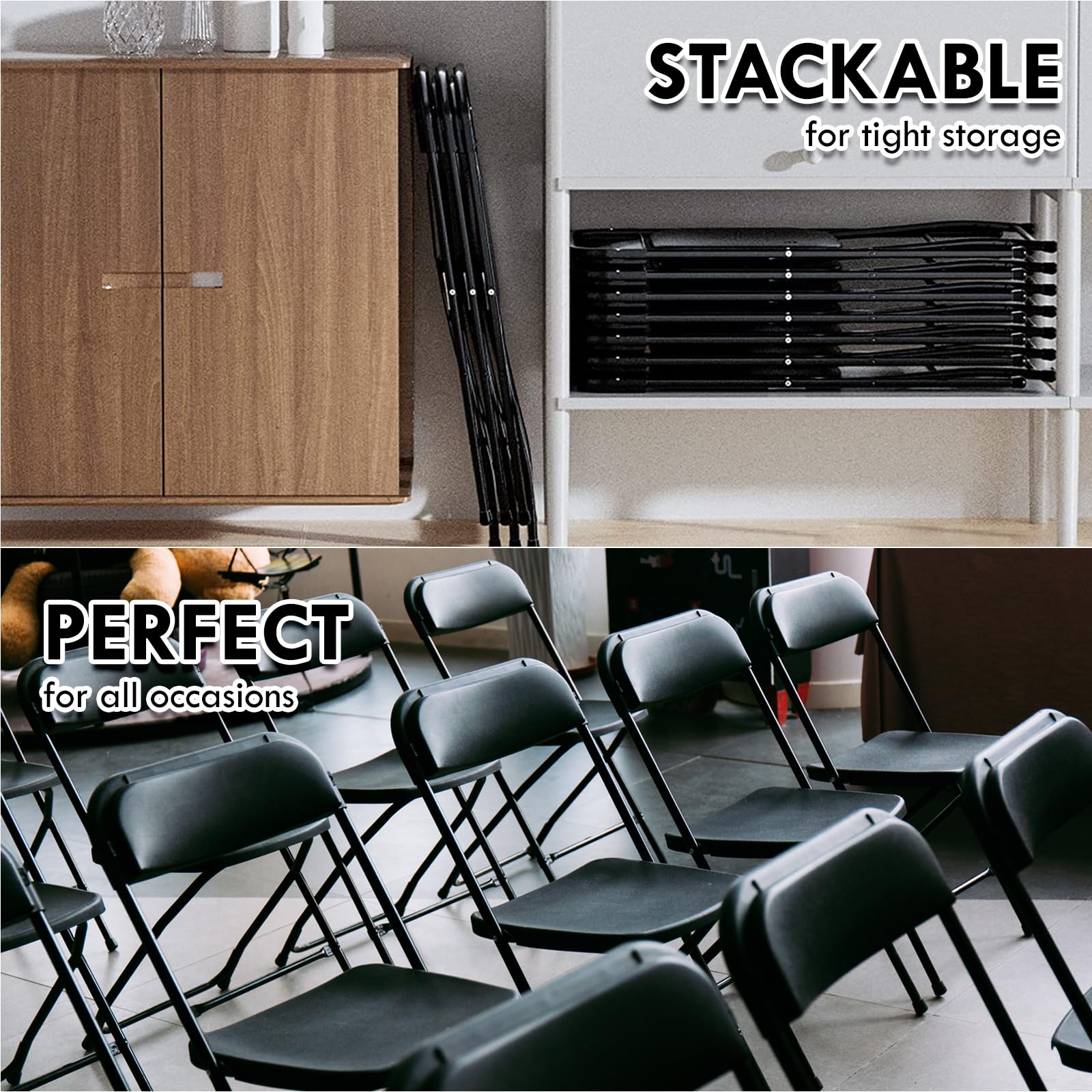 AJP Distributors 10-Pack Folding Chairs - Heavy Duty 650 lb Capacity, Stackable & Portable Event Chairs with Back Support for Indoor/Outdoor Use - Perfect for Weddings, Parties, Office Meetings, Picnics, Patio Dining & Garden Gatherings (Black)