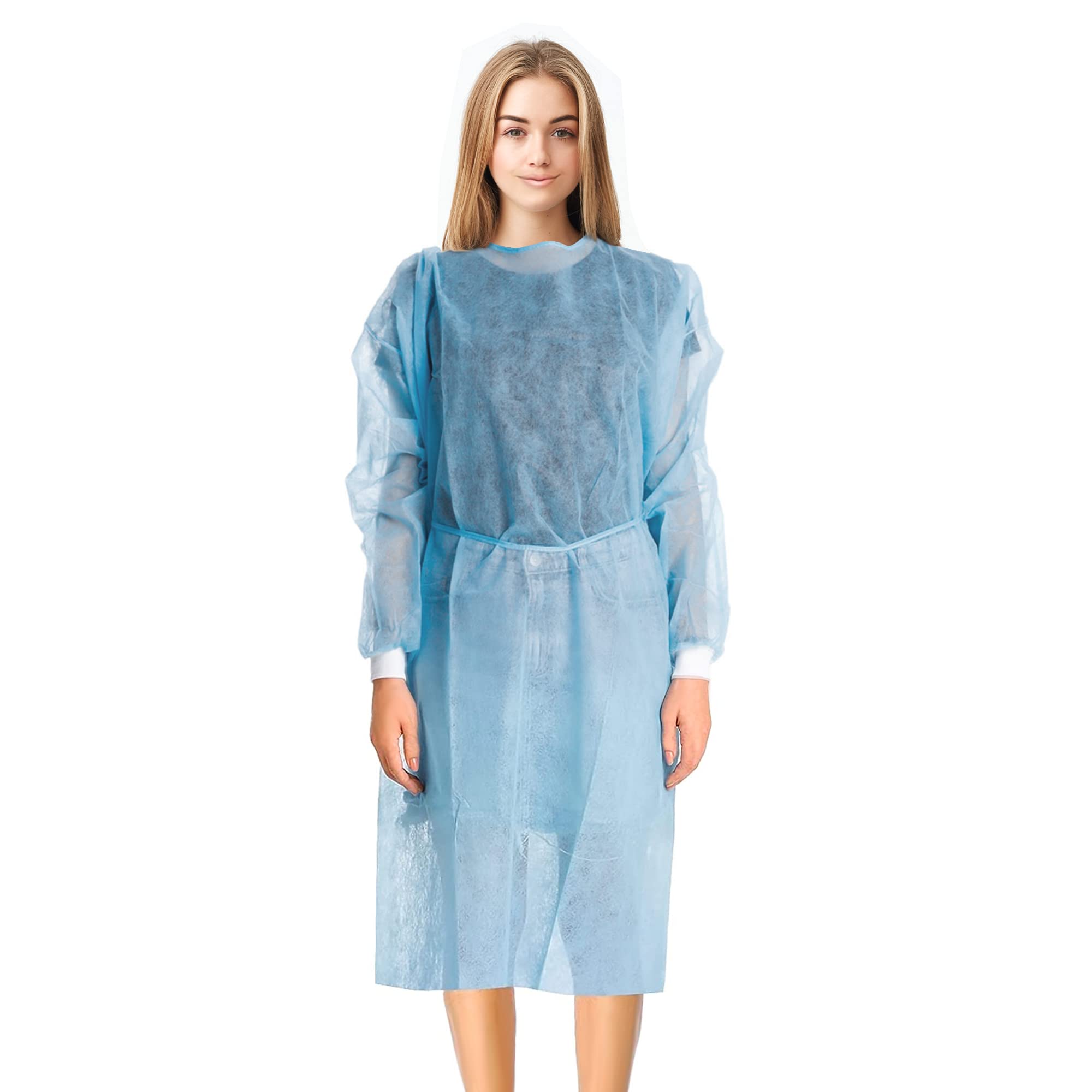 EZGOODZ Blue Disposable Isolation Gowns - 50 Pack Medical Gowns with Elastic Cuffs, Long Sleeves & Back Ties | 45 GSM SPP Material | Unisex Surgical Gowns for Men & Women | Ideal for Hospitals, Clinics & Home Healthcare Use