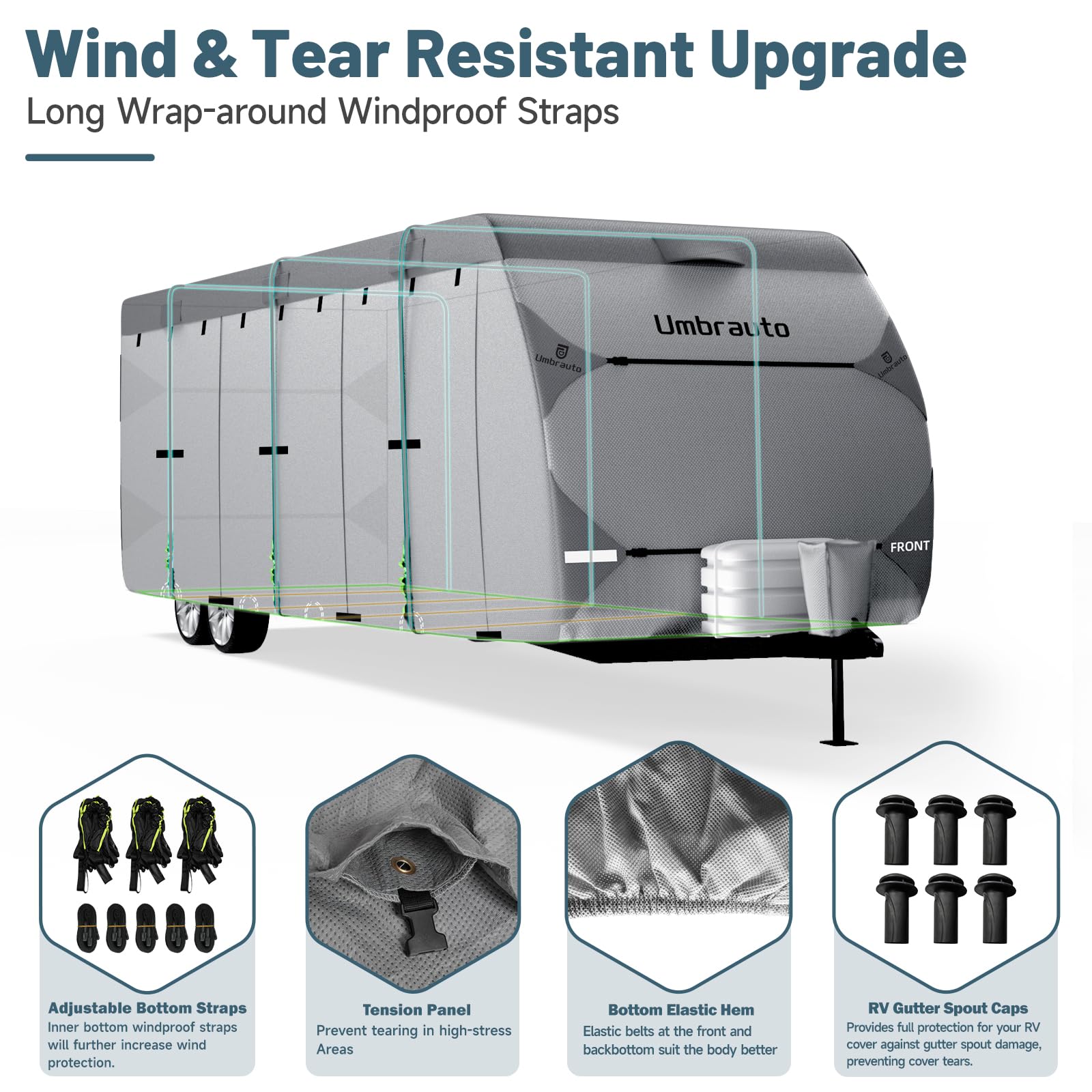 Umbrauto RV Cover 33-35ft - 7 Layer Heavy Duty Waterproof Travel Trailer Cover with Windproof Ropes | Camper Cover for Toy Haulers & Fifth Wheels | Includes Tongue Jack & Gutter Protection | Perfect for Outdoor Storage & Winter Protection