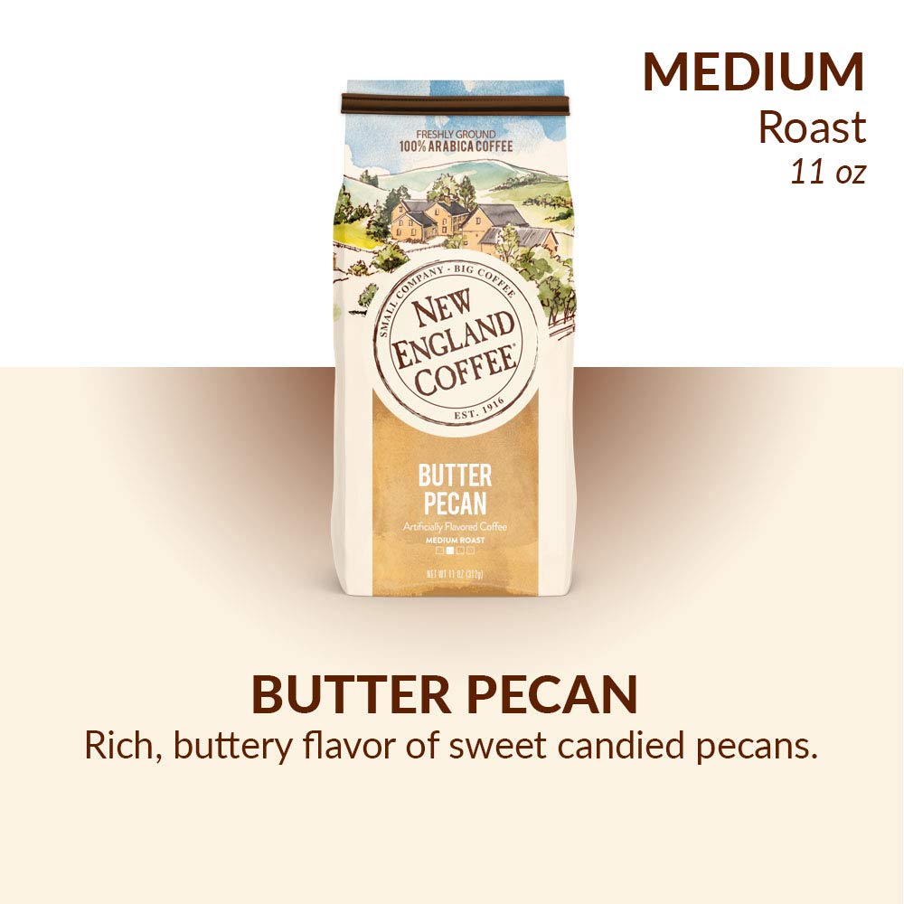 New England Butter Pecan Medium Roast Ground Coffee - 11oz Bag (Pack of 1) | Rich & Smooth Flavored Coffee for Breakfast, Office & Relaxing Moments