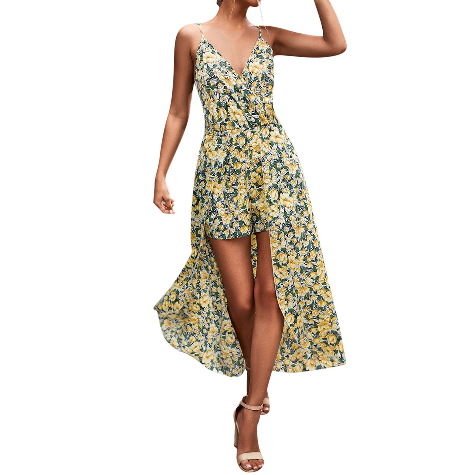 Women's Floral Maxi Dress - Deep V Neck Sleeveless Asymmetrical Summer Beach Dress for Vacations, Parties & Outdoor Events