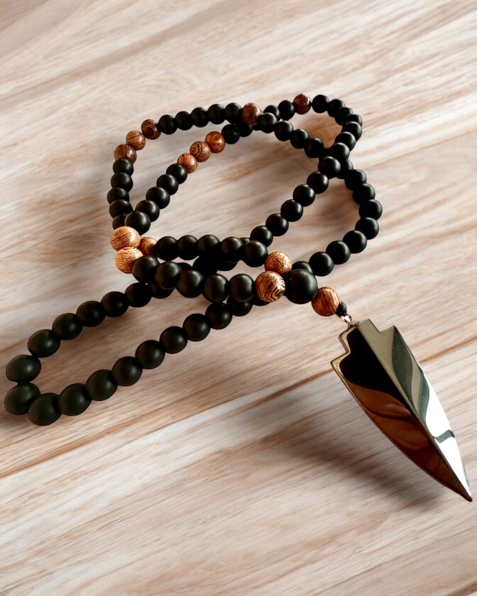 Arrow of Power Necklace - Handcrafted Black Obsidian & Wooden Beads with Personalized Engraving | Spiritual Jewelry for Protection, Meditation & Gift Giving
