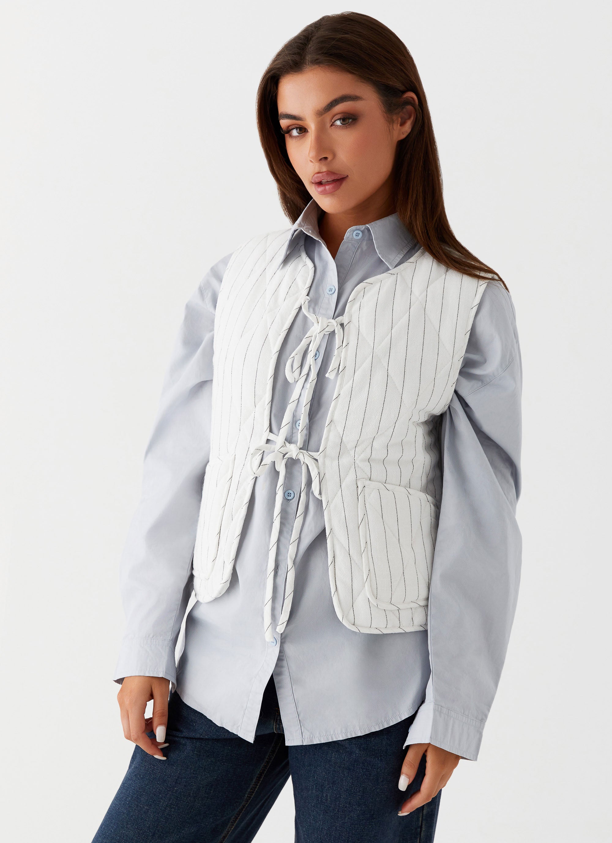 Celini Quilted Vest for Women - White Pinstripe Winter Fashion Jacket | Lightweight Warm Coat for Outdoor Activities, Work & Casual Wear
