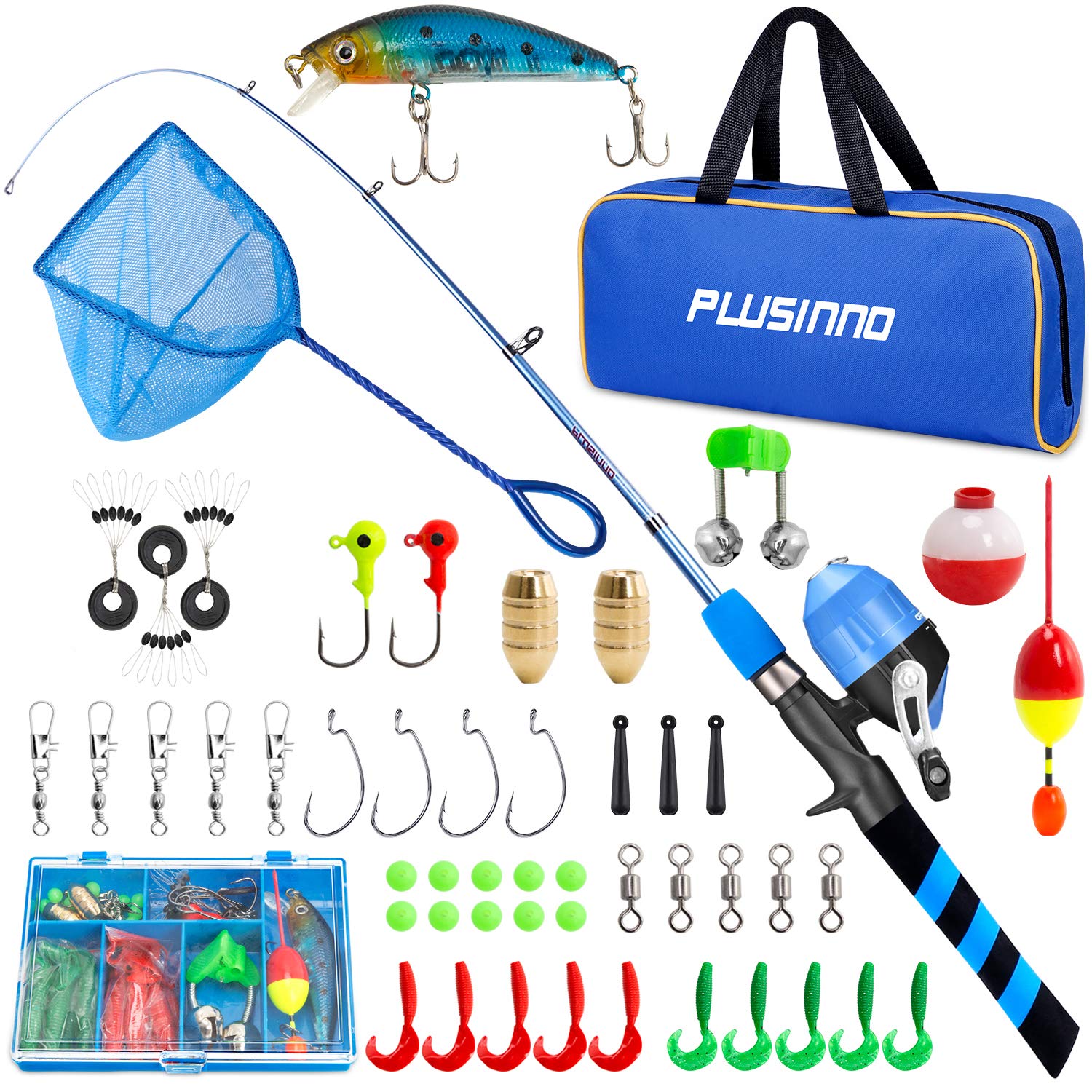 PLUSINNO Kids Fishing Pole - Telescopic Fishing Rod and Reel Combo Kit with Tackle Box | Portable Spincast Fishing Gear for Boys, Girls & Youth | Perfect for Beginners, Camping Trips & Outdoor Adventures