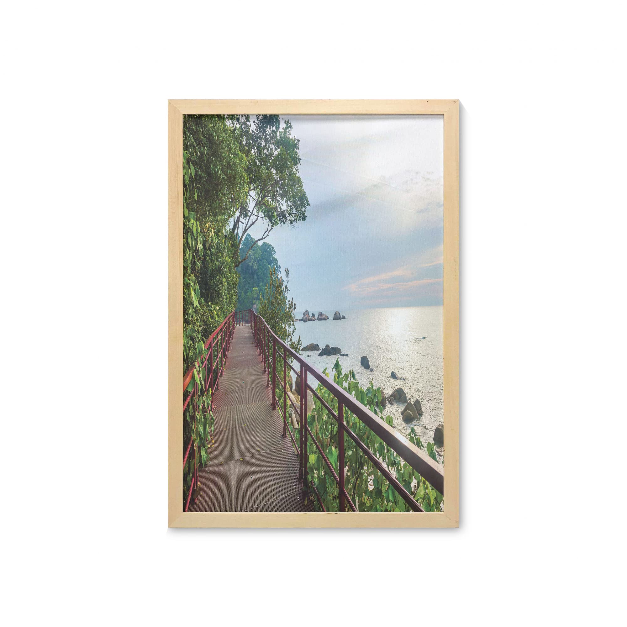 Ambesonne Framed Beach Wall Art - Cinque Terre Italian Mediterranean Coastal Walkway & Jogging Track Print - 23