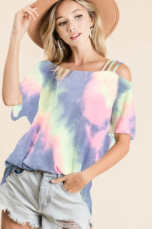 BiBi Tie Dye French Terry Strapped One Shoulder Top - Trendy Women's Fashion for Casual Wear, Beach Outfits & Summer Street Style