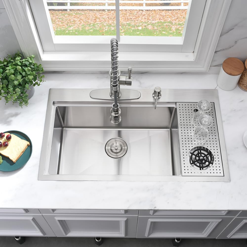 Bokaiya 33x19 Drop In Kitchen Sink with Glass Rinser & Cup Washer - 16 Gauge Stainless Steel Deep Single Bowl Workstation for Modern Kitchens