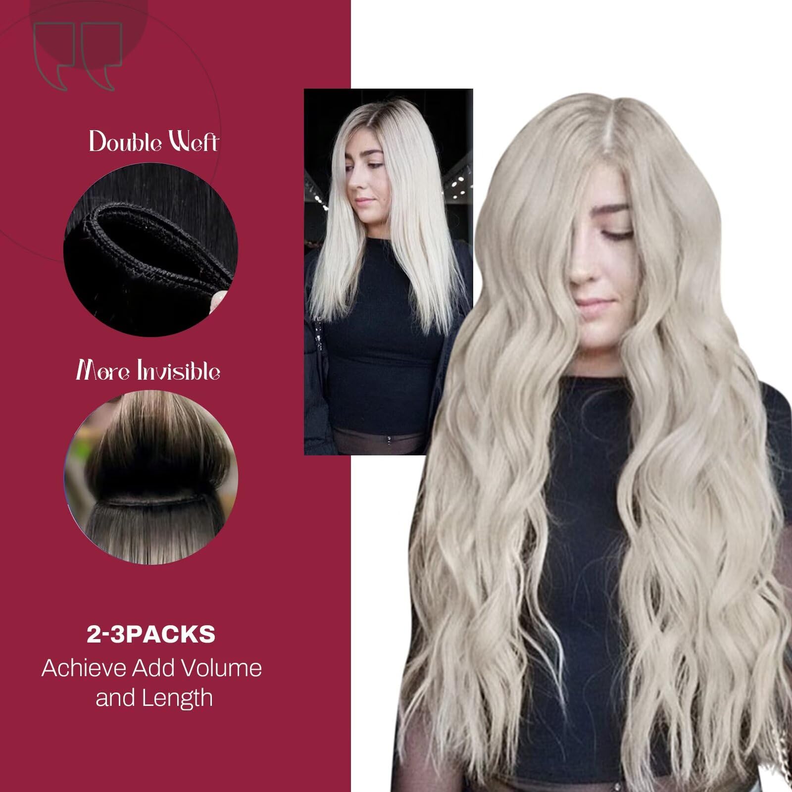 22 Inch Platinum Blonde Vivien Remy Human Hair Extensions - 100G Double Weft Sew-in Extensions for Women | Full Head Thick Hair for Daily Styling, Parties & Special Occasions