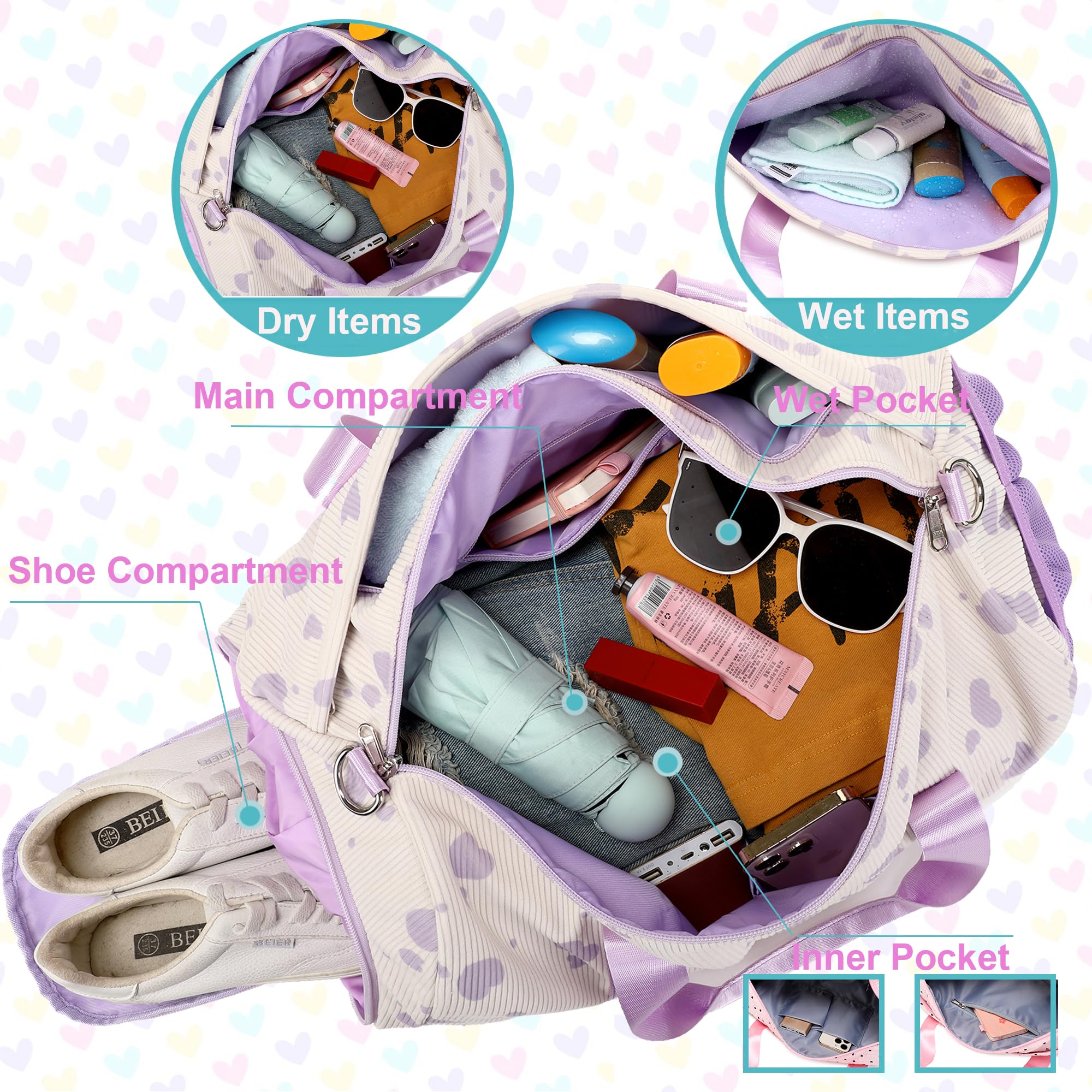 Corduroy Dance Duffle Bag for Girls with Shoe Compartment - Gym & Sleepover