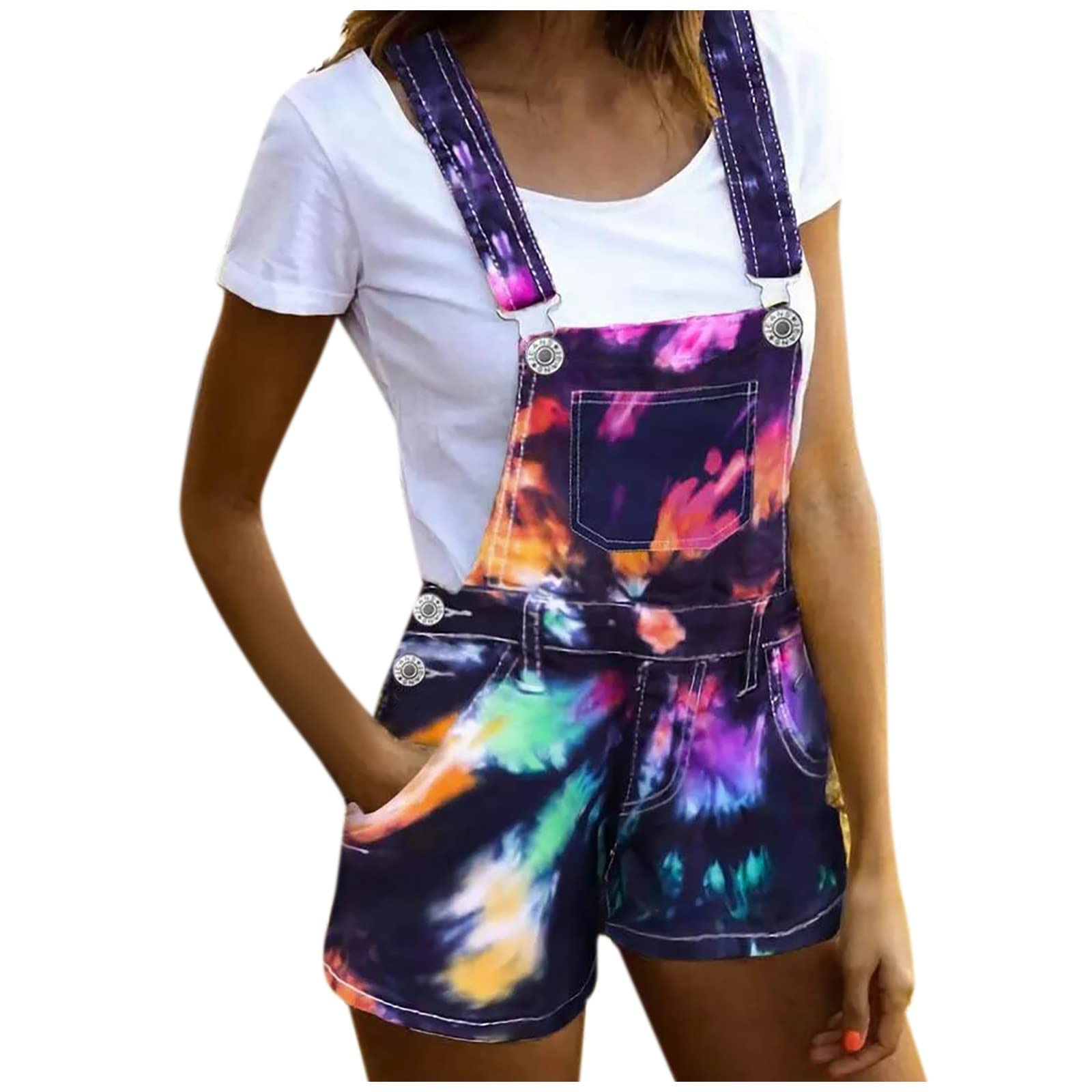 Women's Stylish Tie-Dye Printed Sleeveless Jumpsuit - Adjustable Strap Summer Fashion Short Bib Romper | Perfect for Beach Vacations, Music Festivals & Casual Outings