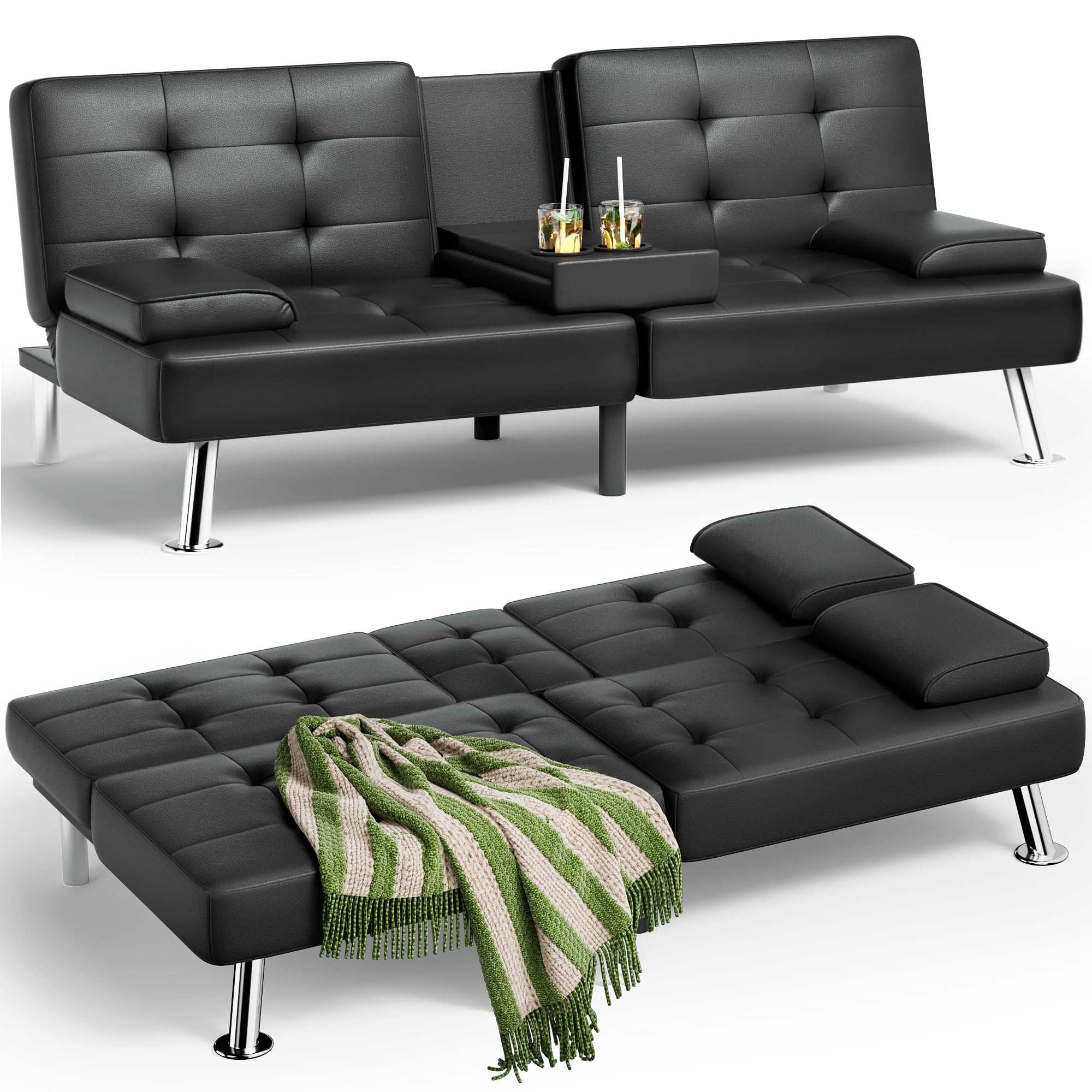 JUMMICO Adjustable PU Leather Futon Sofa Bed with Removable Armrests & 2 Cup Holders - Convertible Sleeper Couch for Small Spaces, Living Room, Dorm, Apartment (Black) - Perfect for Guest Beds, Movie Nights & Compact Living