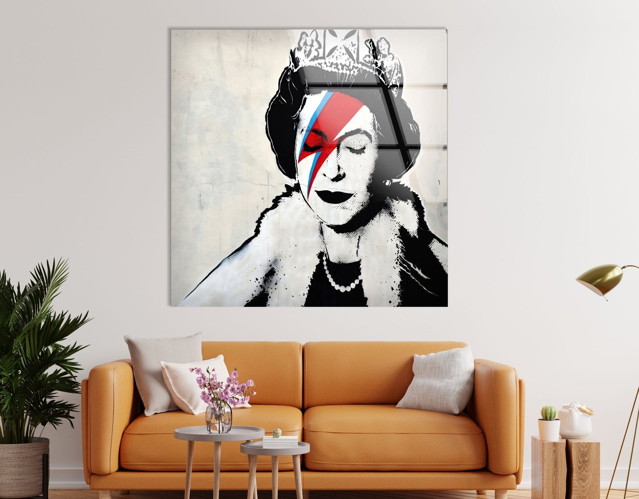 Banksy Queen Elizabeth Glass Wall Art - Modern Home Decor for Living Room, Office & Gifts | Unique Street Art-Inspired Glass Print