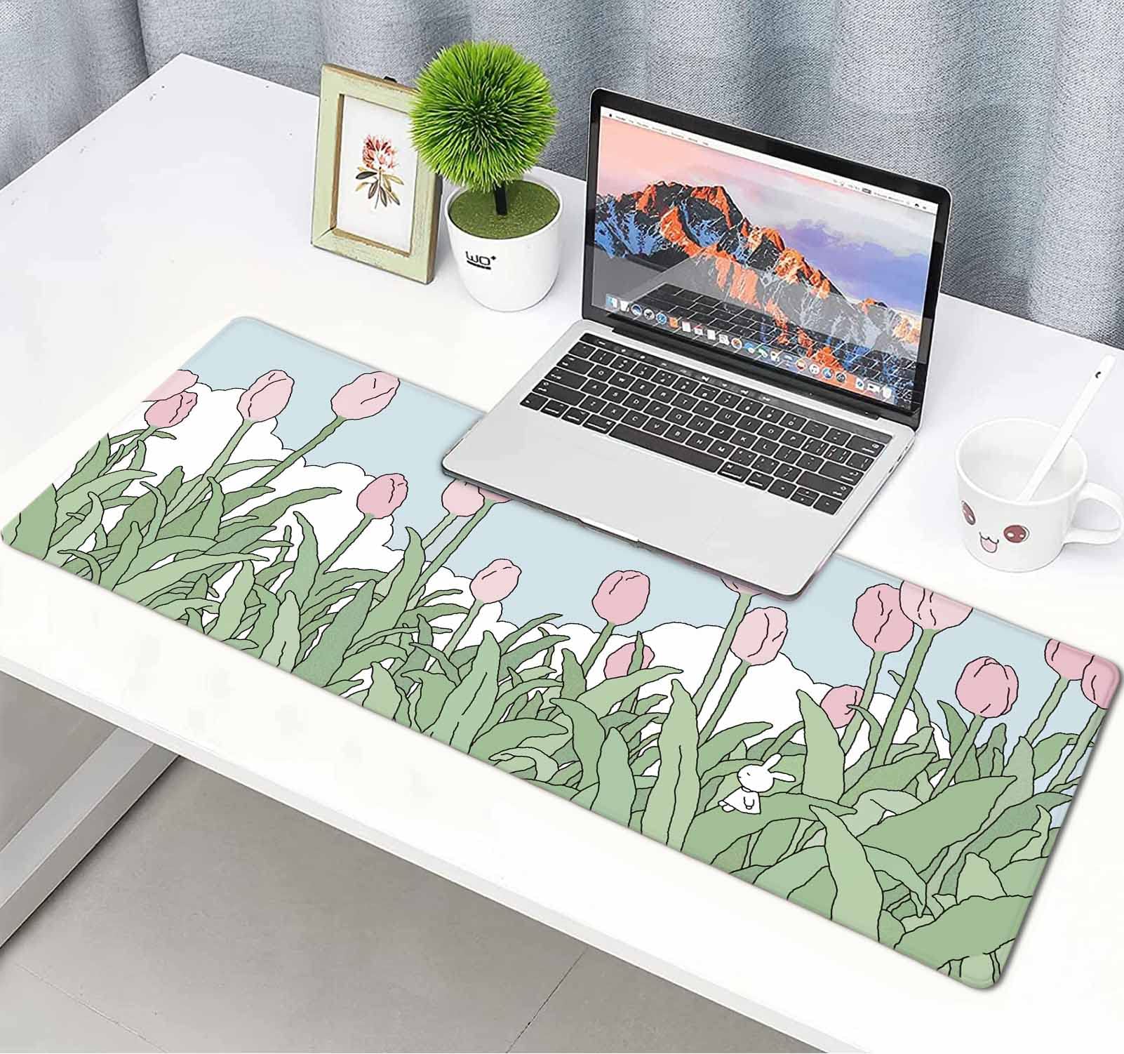 Cute Pink Floral Mouse Pad - Kawaii Aesthetic Wildflowers Design, Minimalist Extra Large Desk Mat (31.5