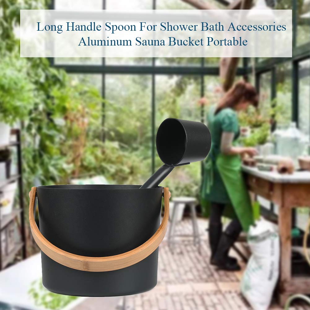 Premium 2-Piece Aluminum Sauna Bucket & Long Handle Ladle Set - Portable Cedar Wood Sauna Accessories for Steam Room & Spa (Black) - Perfect for Home Sauna, Relaxation Therapy & Wellness Retreats