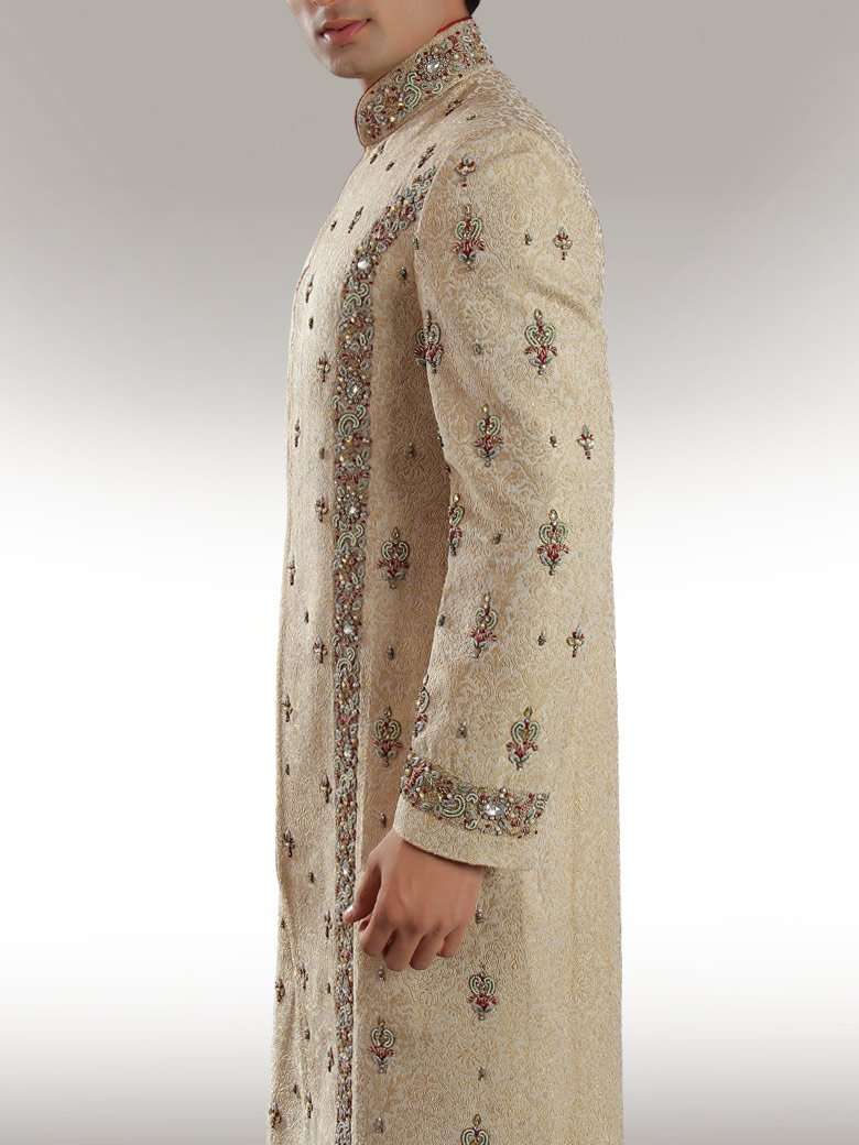 Luxury Beige Brocade Silk Sherwani for Men - Elegant Indian Wedding Attire & Formal Occasions