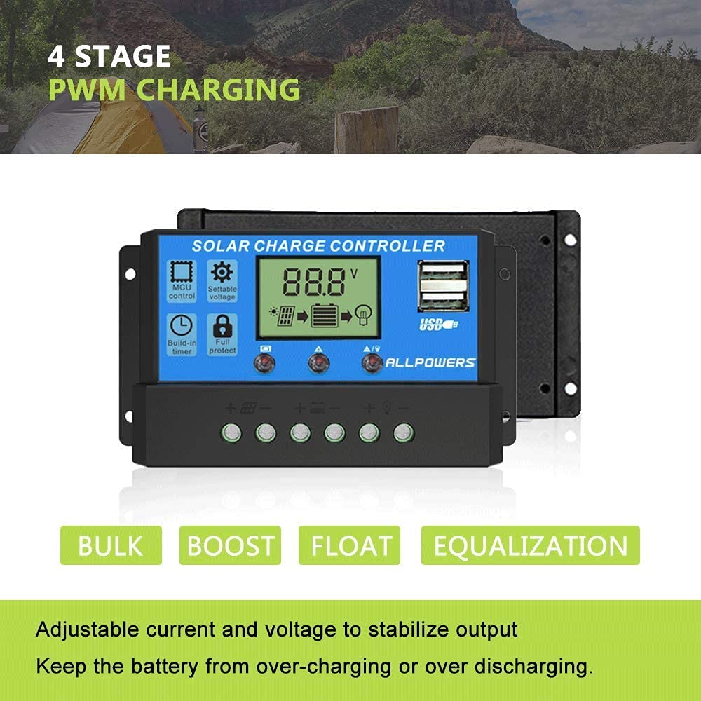 ALLPOWERS 20A MPPT Solar Charge Controller with LCD Display - 12V/24V Auto Recognition, USB Port for Phone Charging - Perfect for RV, Boat, Off-Grid Solar Power Systems