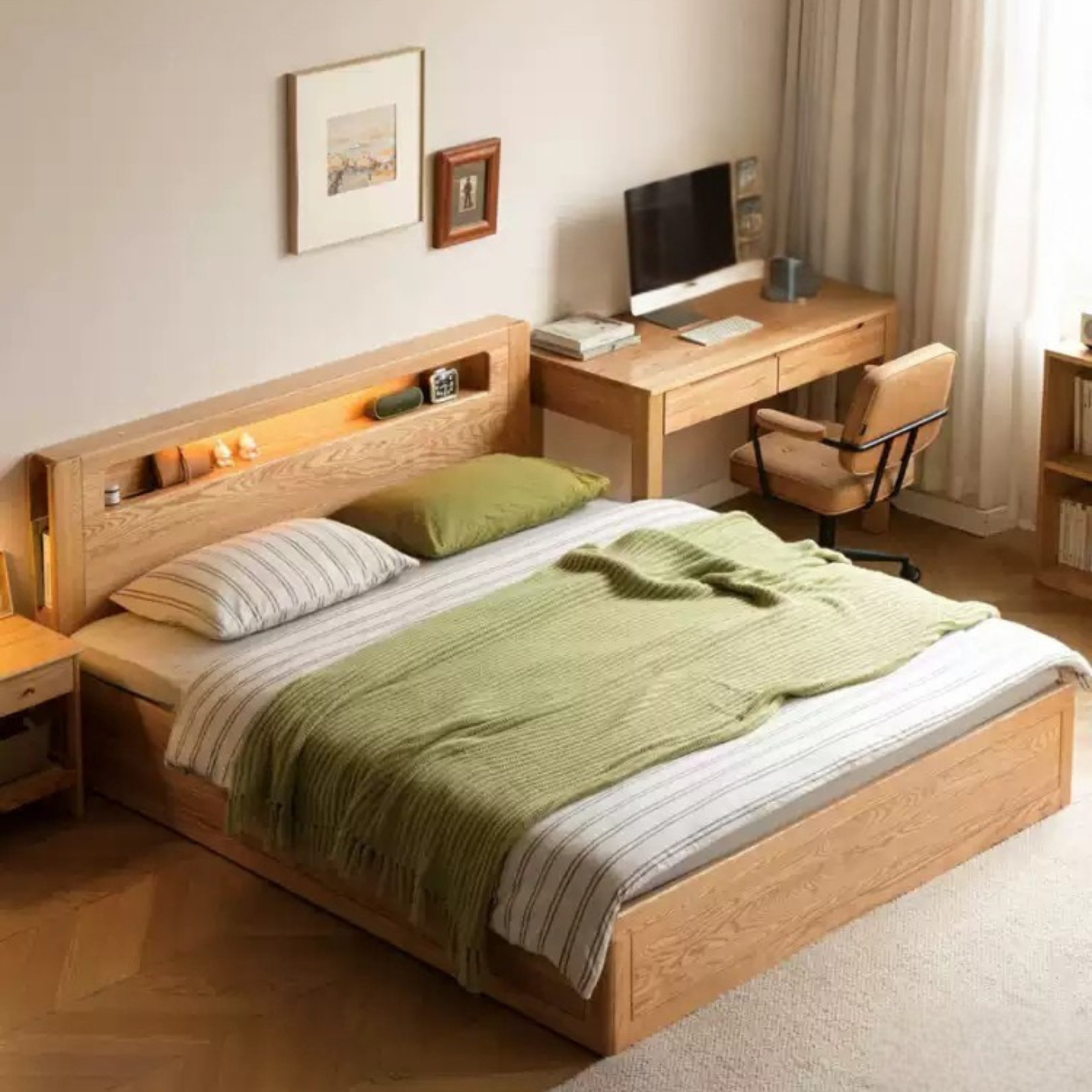 Premium Oak Solid Wood Luminous Box Bed - Durable Nightstand with Glow-in-the-Dark Features for Bedroom, Guest Room, and Kids Room Decor