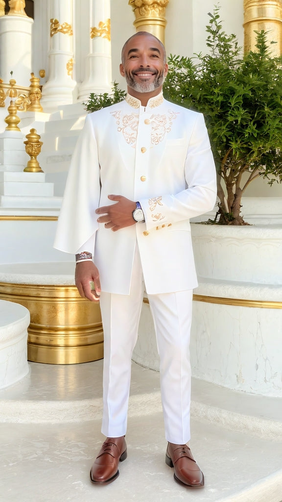 Premium Slim Fit Long Sleeve White African Suit with Gold Embroidery for Men | Elegant Formal Wear | Wedding, Special Occasions & Cultural Events