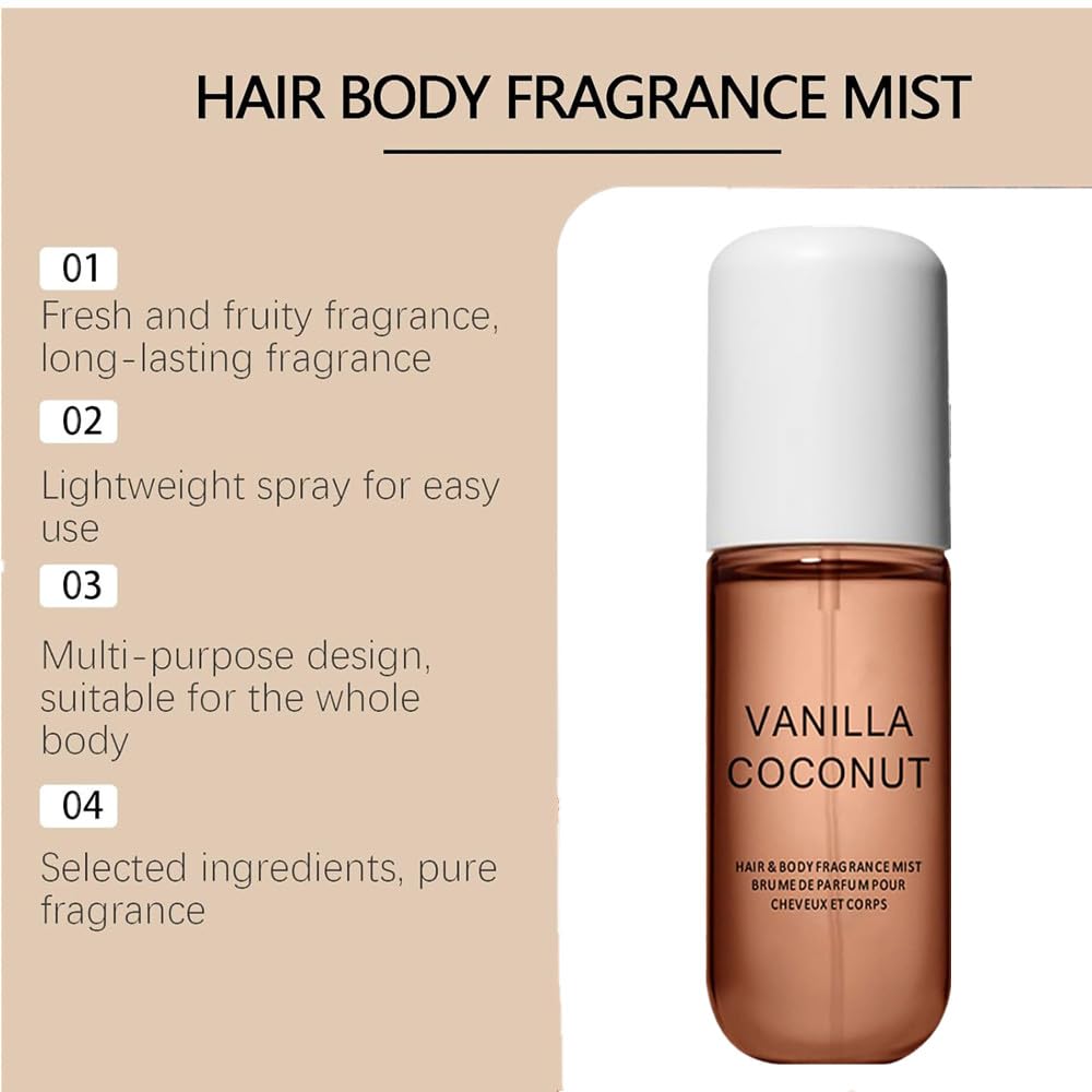Vanilla Coconut Perfume Mist for Women - Travel Size Body & Hair Fragrance Spray - Long Lasting Vanilla Scent - Perfect for Daily Use, Gifts & Travel (1Pcs)