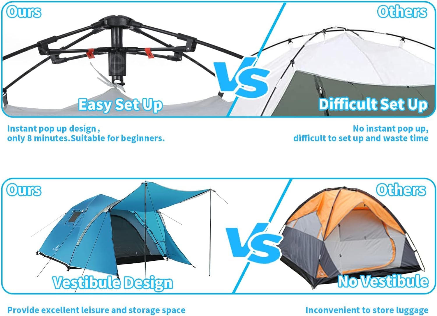 4 Person Instant Pop Up Camping Tent - Waterproof, Windproof Family Tent with Sun Shade Porch - Easy Setup for Outdoor Camping, Hiking & Backpacking - Perfect for Family Adventures, Beach Trips & Music Festivals