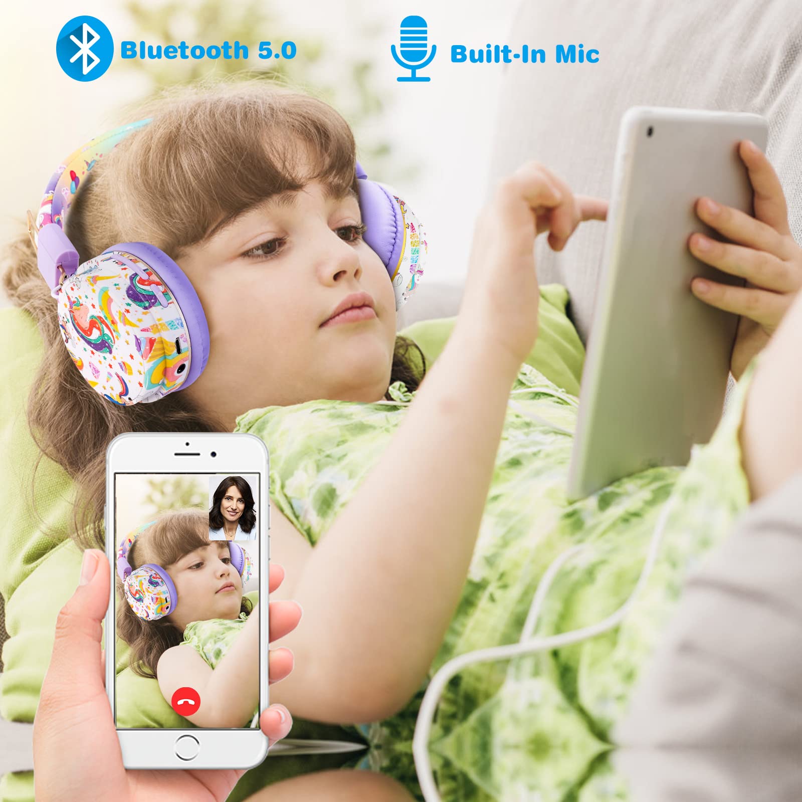 **Wireless Unicorn Headphones for Girls - Bluetooth Kids Headphones with Microphone, Adjustable Over-Ear Toddler Headphones for Ages 2+, Compatible with iPad/Fire Tablet (Purple) - Perfect for School, Travel & Home Learning**