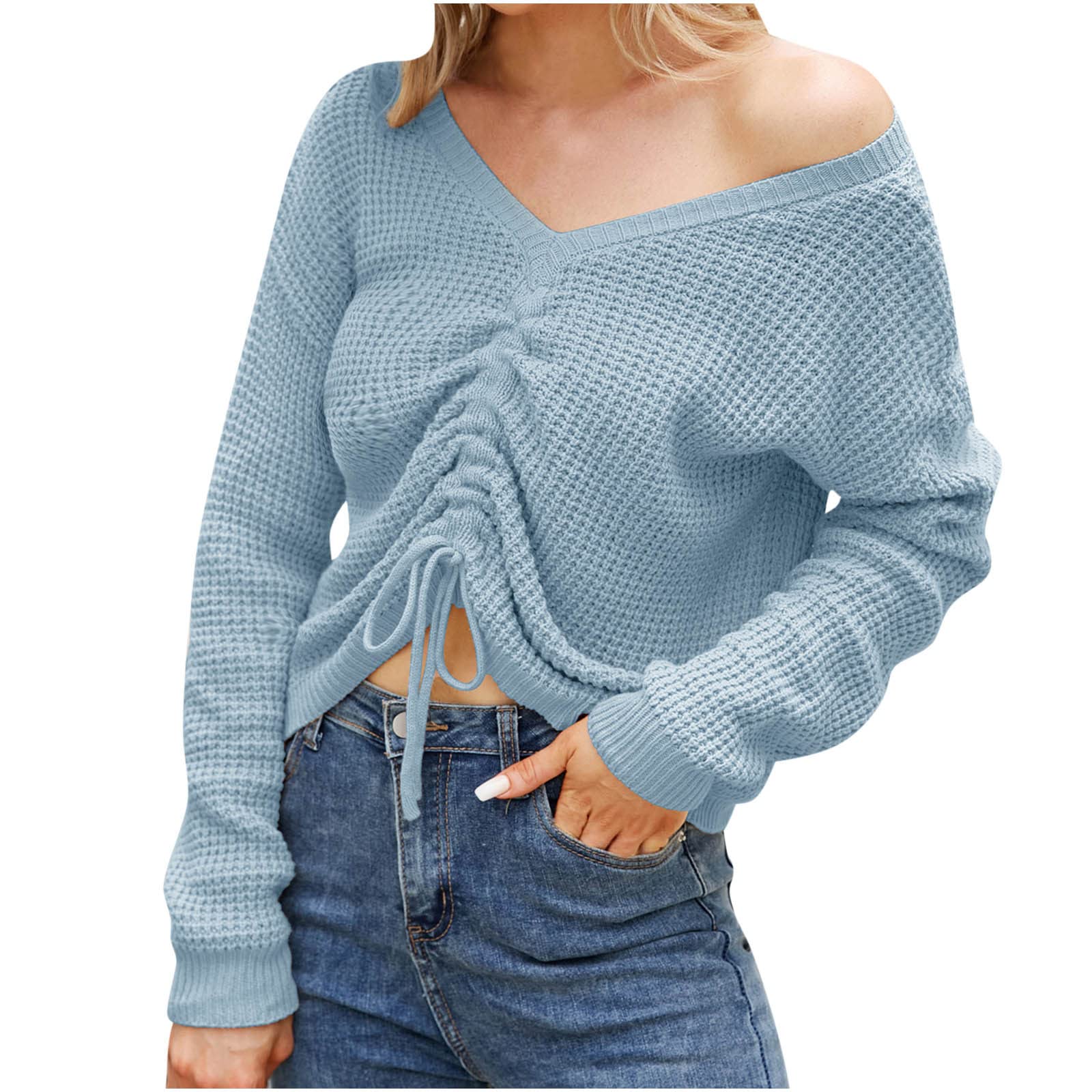 Women's Waffle Knit Long Sleeve V-Neck Ruched Tie Front Blouse - Trendy Solid Color Tunic Top for Casual Outings & Fall Layering