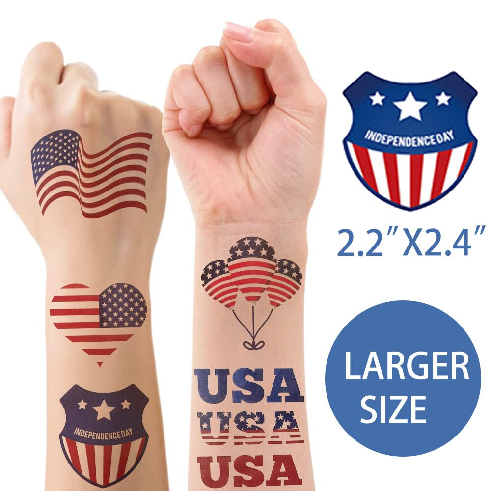 Patriotic Memorial Day Temporary Tattoos - USA Flag Face & Body Stickers for Kids & Adults - Individually Wrapped - Perfect for Parties, Events & Patriotic Celebrations