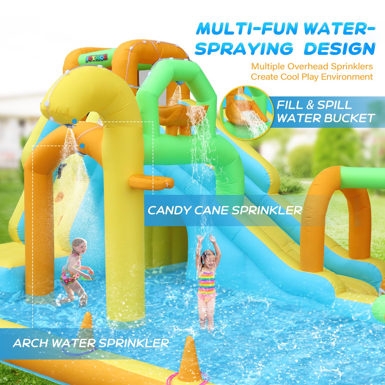 JOYMOR 10-in-1 Inflatable Water Slide Bounce House with Water Bucket, Tunnel, Water Cannon & Basketball Hoop - Fast 1 Minute Setup (Includes Air Blower) - Outdoor Backyard Water Park for Kids Ages 3-10 - Perfect for Summer Parties, Birthdays & Family Fun