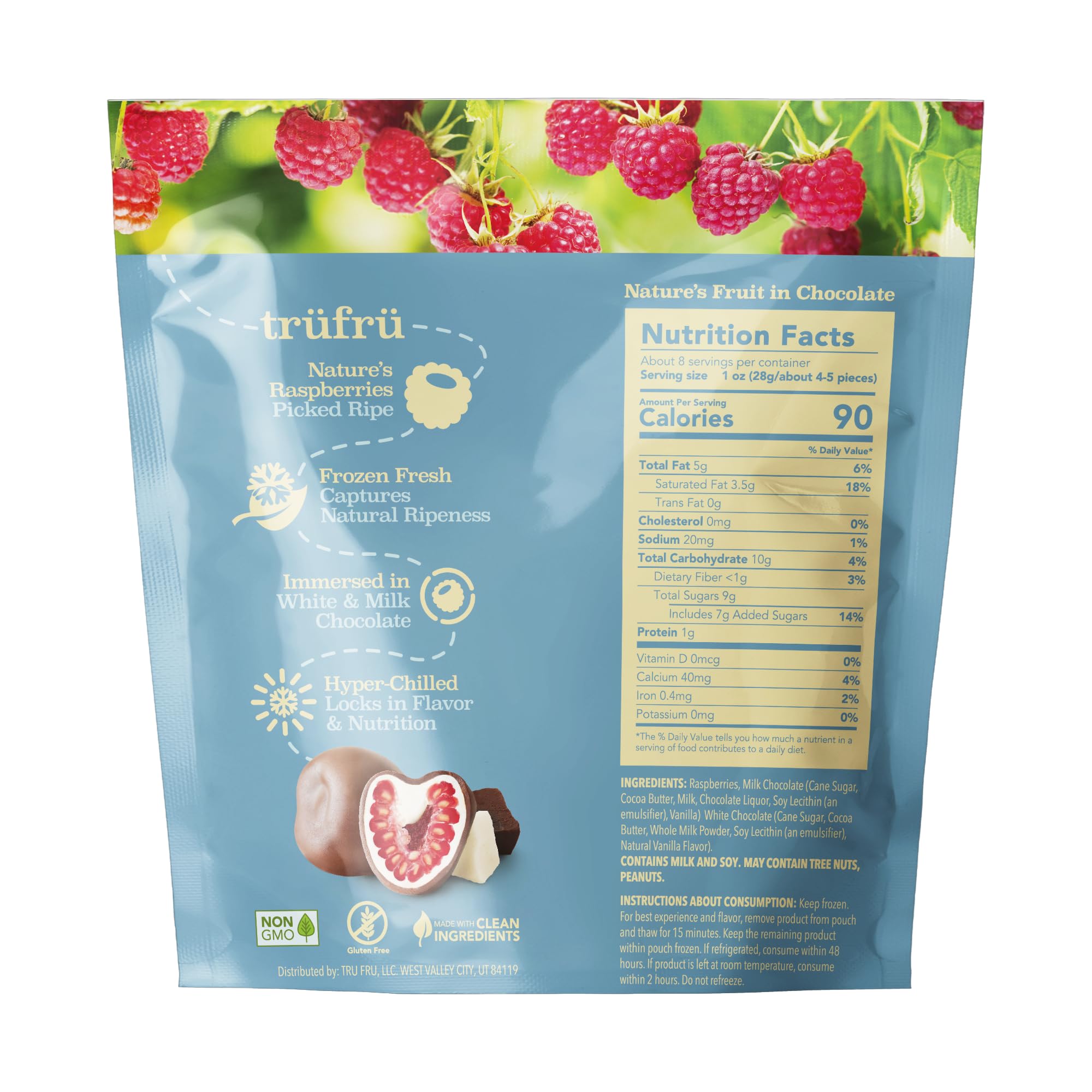 Tru Fru Nature's Raspberries Hyper-Chilled in White & Milk Chocolate - 8oz Bag | Gourmet Frozen Chocolate Covered Berries for Desserts, Snacking & Gift Giving