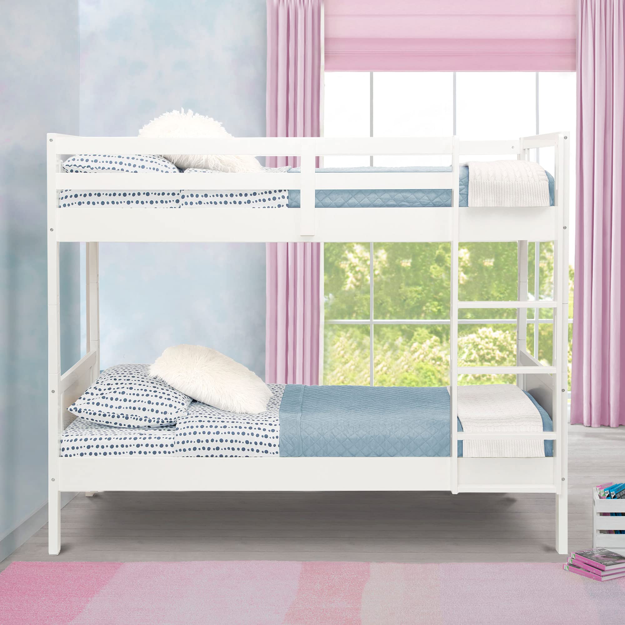 Delta Children White Convertible Twin Over Twin Wood Bunk Bed with Ladder & Guardrails - Converts to 2 Standalone Twin Beds - Sturdy & Safe Kids Bedroom Furniture for Small Spaces - Ships in 2 Boxes | Perfect for Shared Kids Rooms, Sleepovers & Space-Saving Solutions