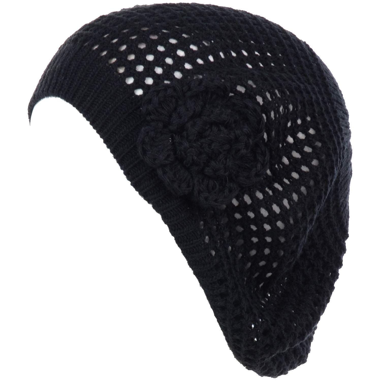 BYOS Women's Chic Cutout Open Net Knit Lightweight Slouchy Crochet Beret Hat - Stylish Winter Fashion Accessory for Casual Outfits & Holiday Parties