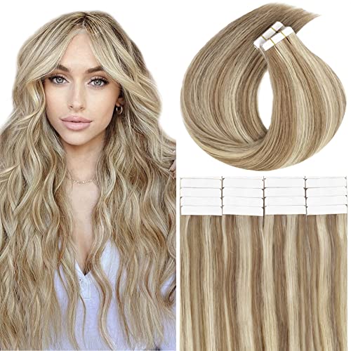 20 Inch 50g 20pcs Double Sided Lace Tape for Hair Extensions - Real Human Hair, Highlight Light Brown to Platinum Blonde, Natural Invisible Skin Weft - Secure Hold for Daily Wear, Parties & Special Occasions