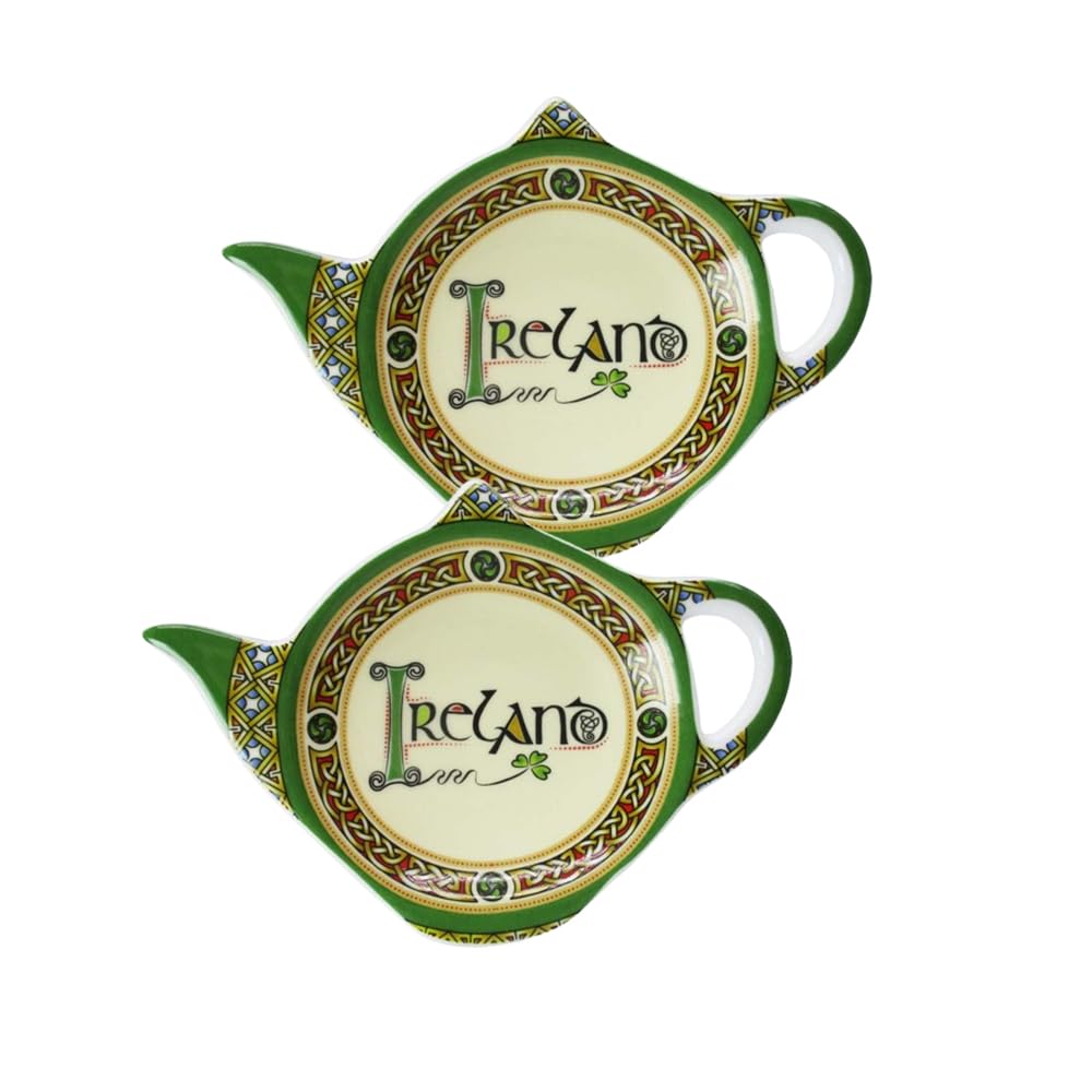 Royal Tara Ireland Teabag Holder Set with Shamrock - 2-Piece Irish Tea Bag Coaster & Teapot-Shaped Resting Caddy Saucer, Made of Premium Bone China, 4