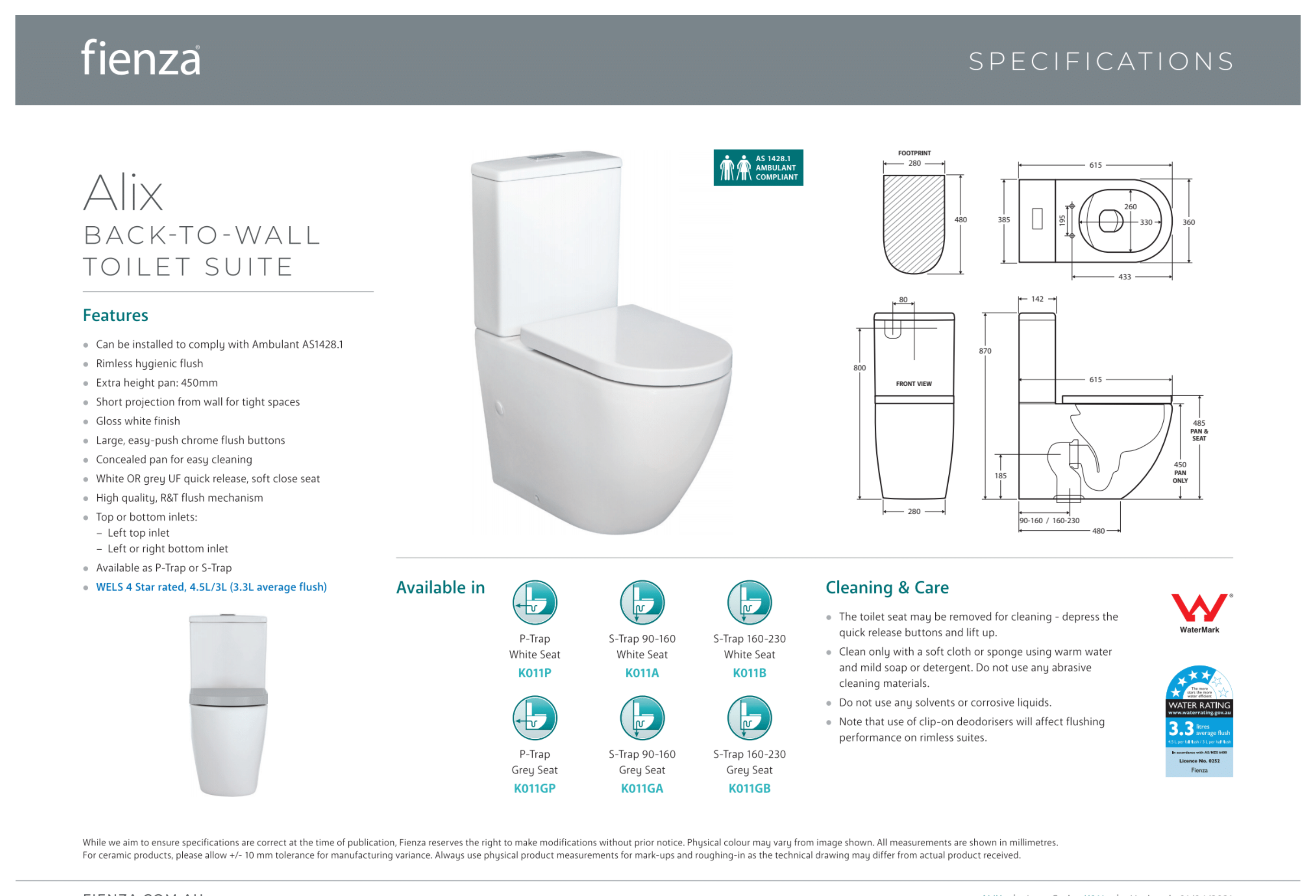Fienza Alix Back-to-Wall Toilet Suite with Soft-Close Grey Seat - Modern Bathroom Solution for Small Spaces & Contemporary Homes