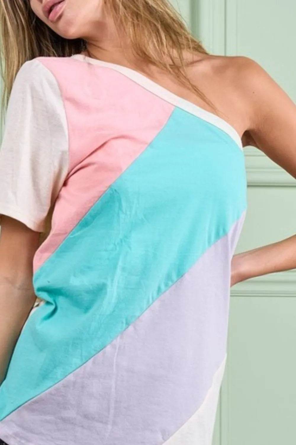 Stylish BiBi Cotton Color Block One Shoulder Top for Women | Trendy Summer Casual Wear | Perfect for Beach Outings, Parties & Date Nights