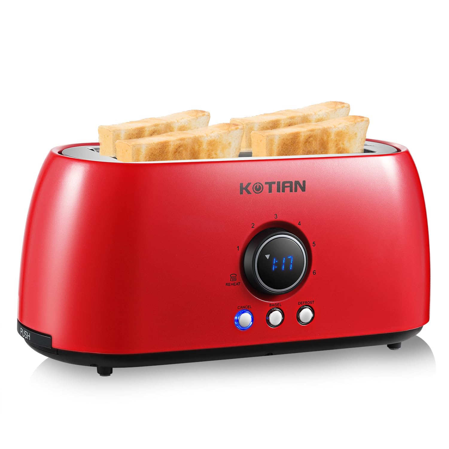 KOTIAN 4 Slice Stainless Steel Toaster - Extra Wide Slot Retro Toaster with 6 Toast Settings, Bagel/Defrost/Reheat/Cancel Functions, Countdown Timer & Removable Crumb Tray (Red) - Perfect for Breakfast, Brunch, and Family Gatherings