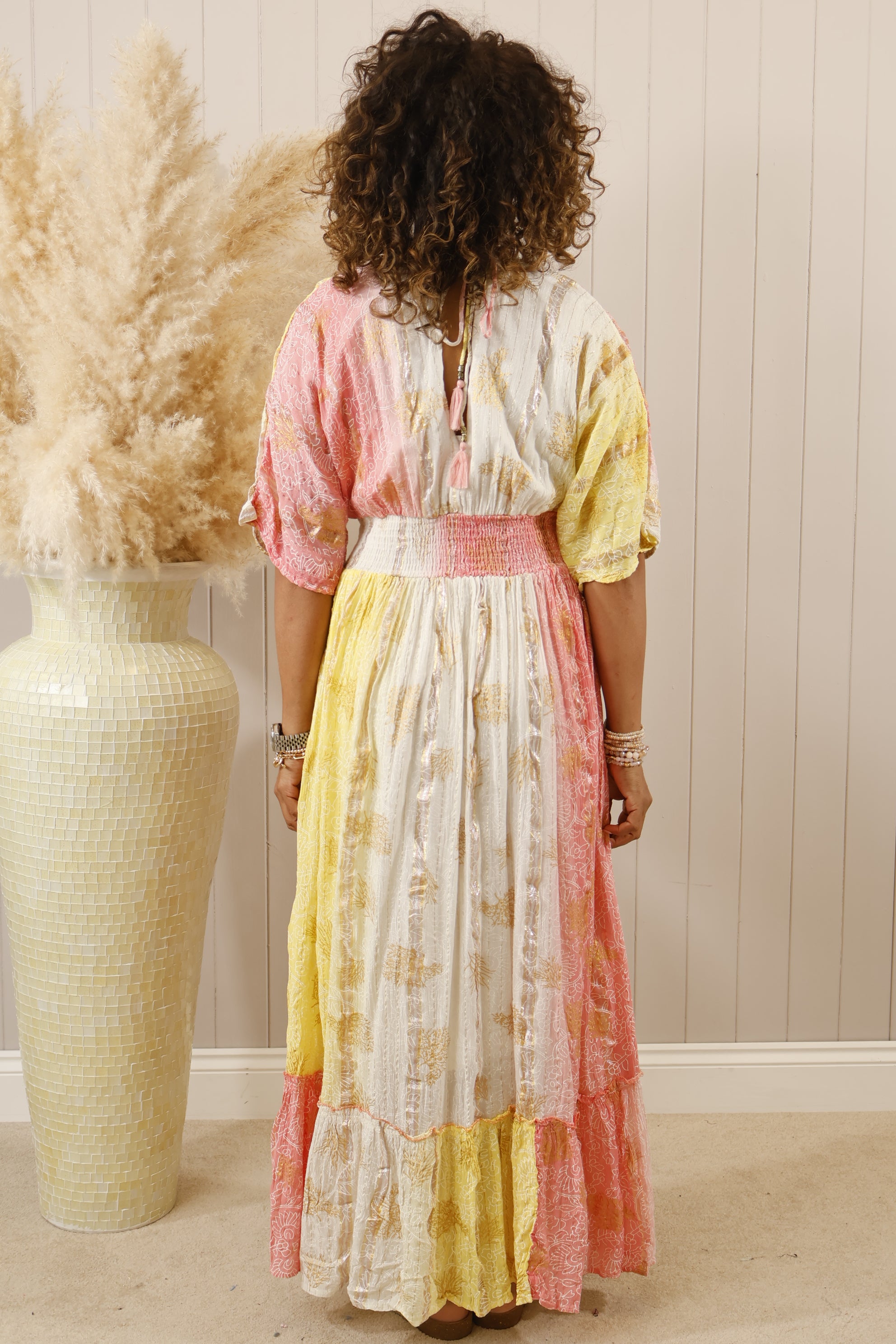 Amoli Women's Maxi Dress - Flowy Long Summer Dress in Pink & Lemon | Perfect for Beach, Vacation, and Casual Outings