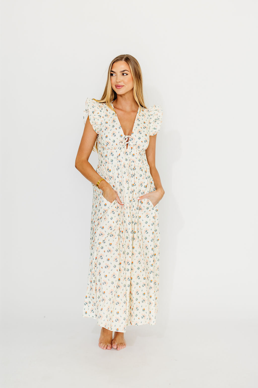 Nicole Women's 100% Cotton Tie-Front Ruffle Maxi Dress - Cream Multi Floral Print | Beach Cover Up, Summer Wedding Guest Dress, Boho Chic Outfit