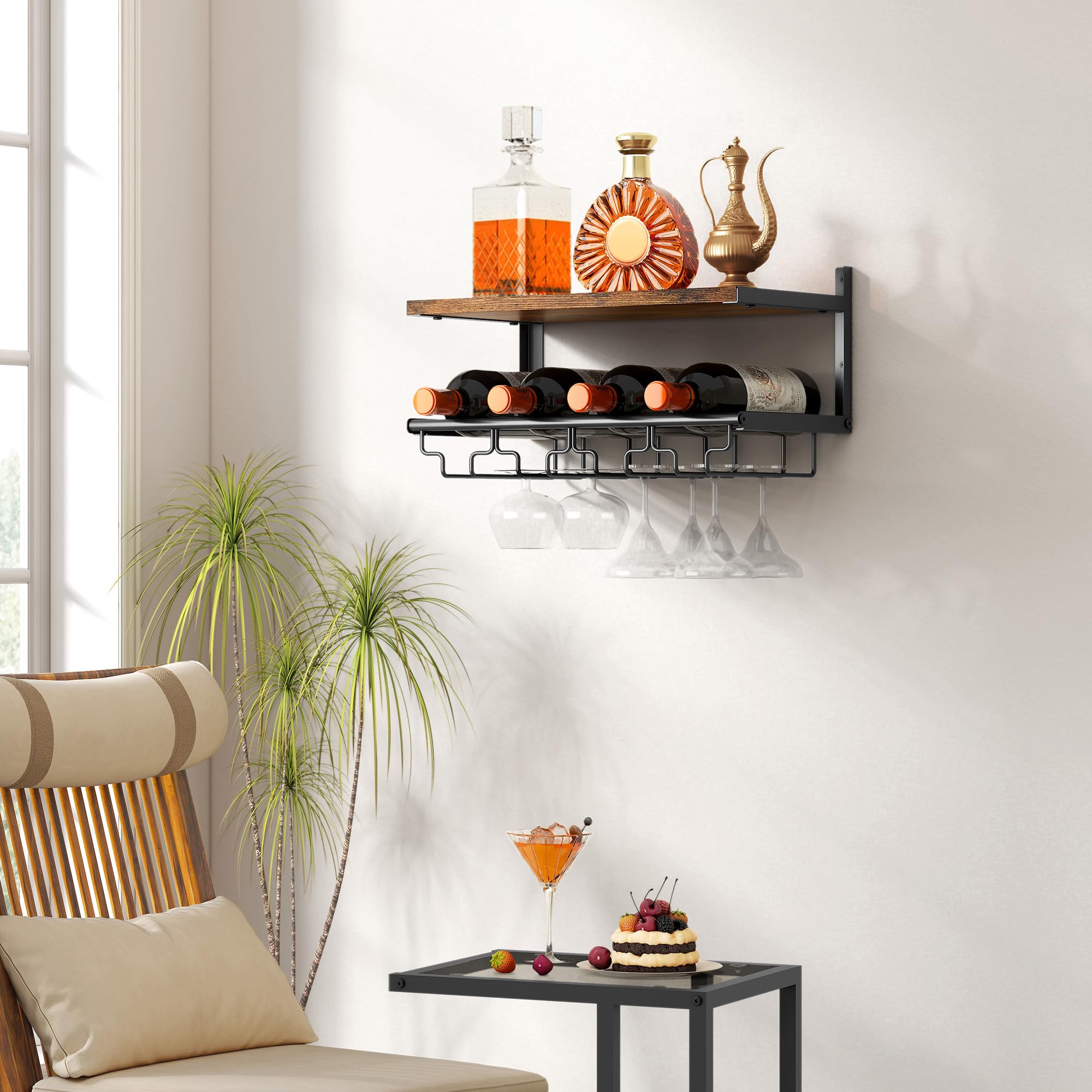2-Tier Wall Mounted Wine Rack with Bottle Holder & Glass Storage - Rustic Bar Shelves for Liquor Display - Space-Saving Hanging Wine Rack for Home Bar, Kitchen, Dining Room & Wine Cellar Organization