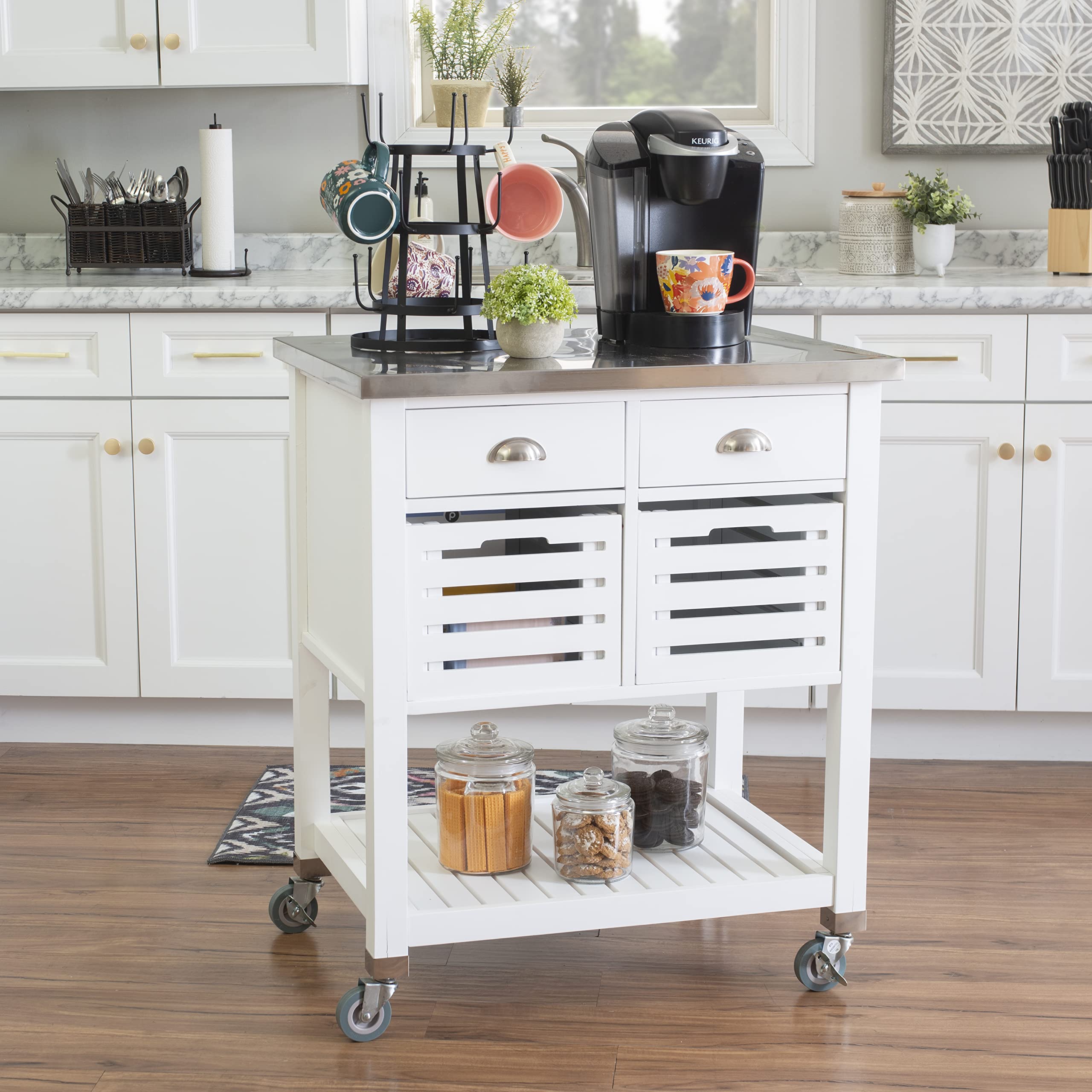 Linon Hudson White Kitchen Cart with Wheels - Rolling Kitchen Island for Small Spaces - Perfect for Food Prep, Storage & Serving - Ideal for Apartments, Dorms & Compact Kitchens
