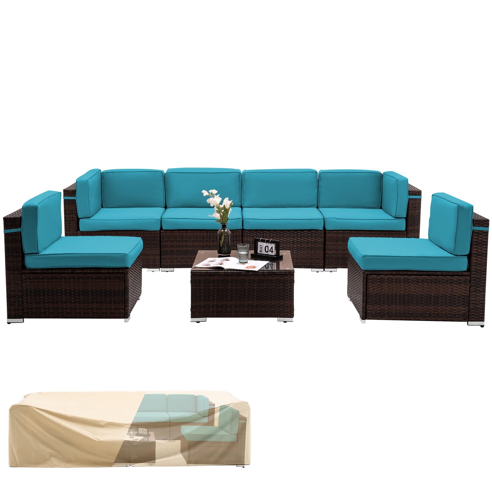 7-Piece Amopatio Outdoor Patio Furniture Set - All-Weather Wicker Rattan Sectional Sofa with Cushions & Cover - Perfect for Porch, Garden, Backyard, Balcony (Sky Blue) - Ideal for Outdoor Entertaining & Relaxation