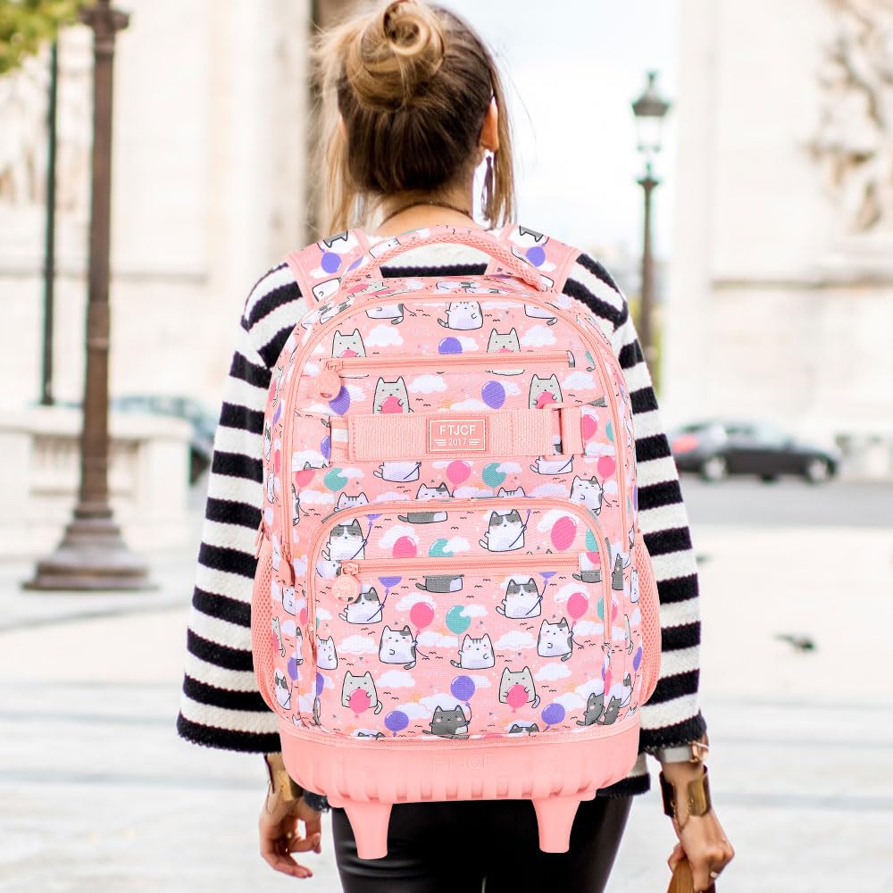 **Girls Rolling Backpack Set - 3-Piece Pink Cloud Cat Wheeled School Bag with Lunch Box for Kids & Teens | Perfect for School, Travel, and Daily Commute**