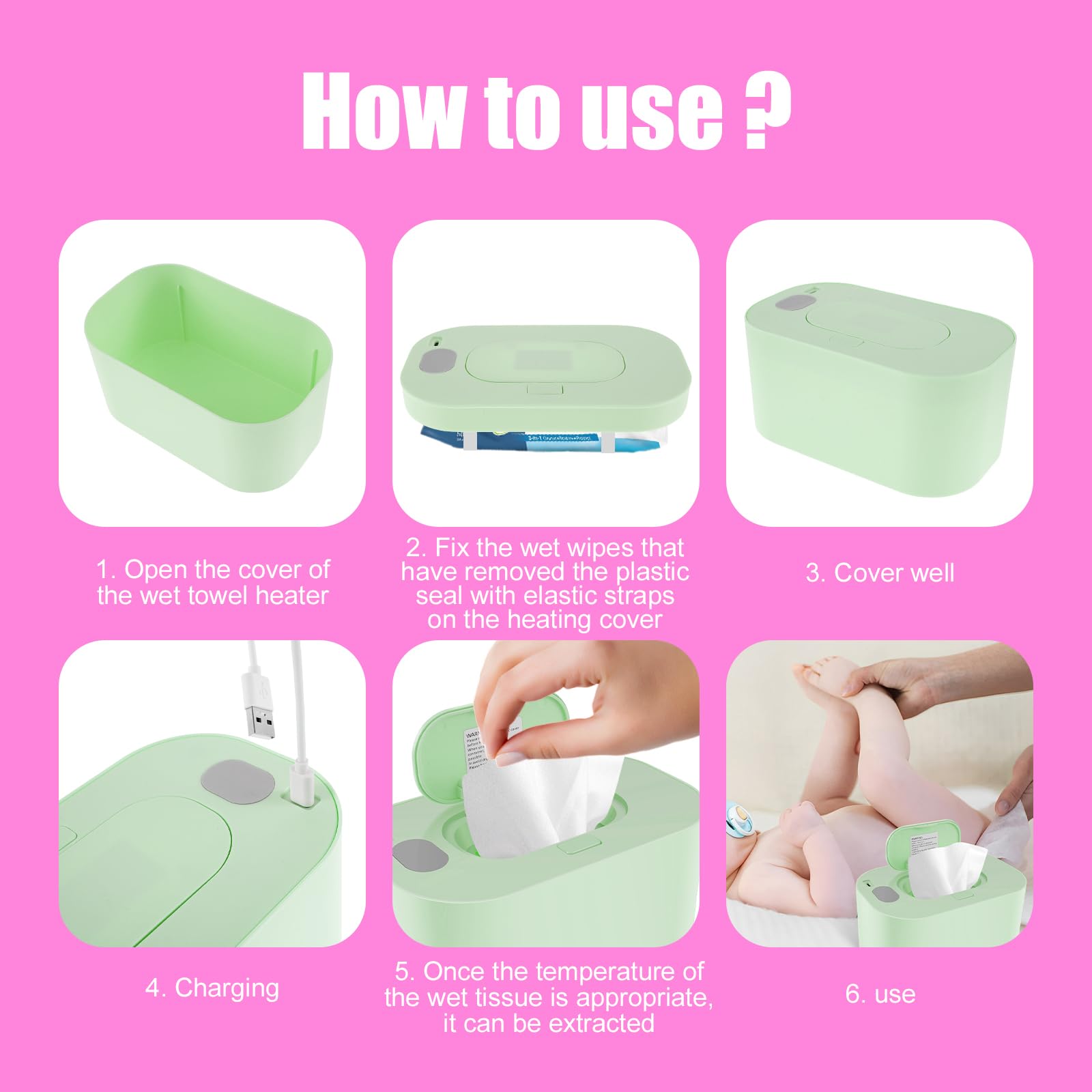 USB Baby Wipe Warmer with Thermostat - 20×12×10cm Portable Wet Wipes Heater for Even Heating | Reusable Baby Wipes Dispenser to Prevent Dryness | Perfect for Car, Home & Nursery Use (Green)