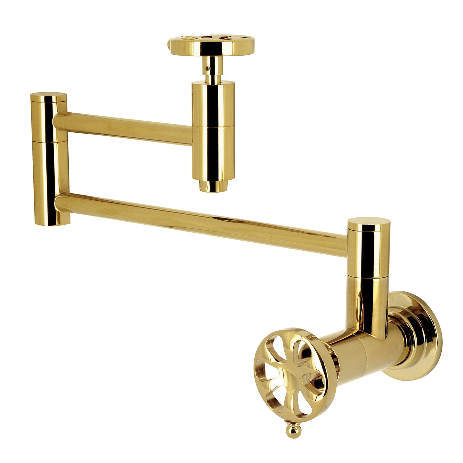 Belknap KS8102RX Two Handle Wall Mount Pot Filler Faucet - Polished Brass Finish - Ideal for Kitchen, Sink, and Stove Area - Perfect for Filling Large Pots and Pans
