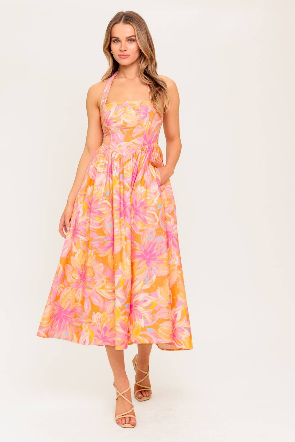 Morning Sun Halter Tie Midi Dress in Coral - Perfect for Summer Beach Vacations, Pool Parties & Casual Outings