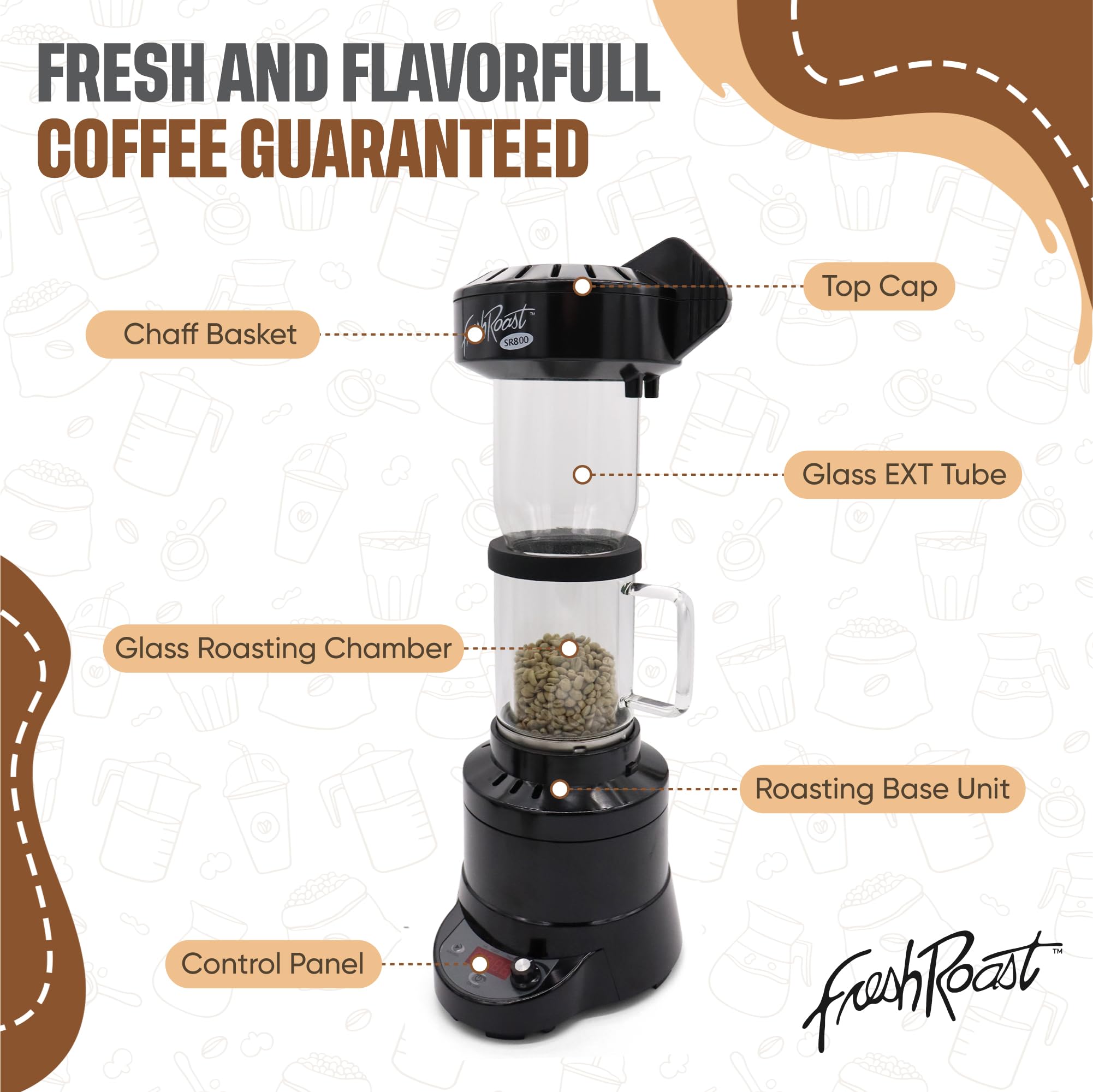 Fresh Roast SR800 Coffee Roaster Bundle with Glass Extension Tube, Coffee Bean Cooler, 2 Lbs Green Beans Sample Pack & 2 Sample Trays - Perfect for Home Coffee Roasting Enthusiasts & Small Batch Artisan Coffee Shops