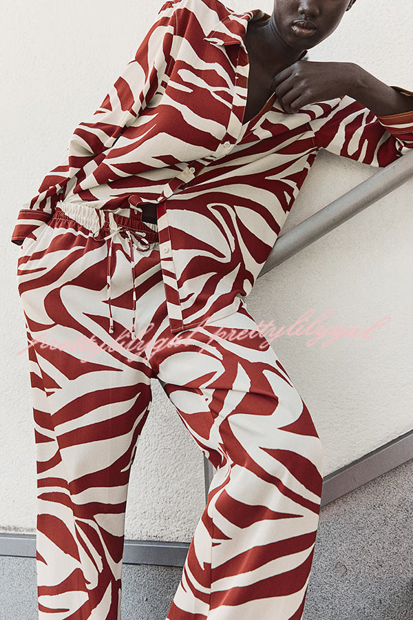 Stylish Printed Lapel Long Sleeve Blouse with Elastic Waist Casual Pants Set - Women's Loose Fit Wide Leg Trousers & Pocket Details for Office, Travel and Everyday Wear