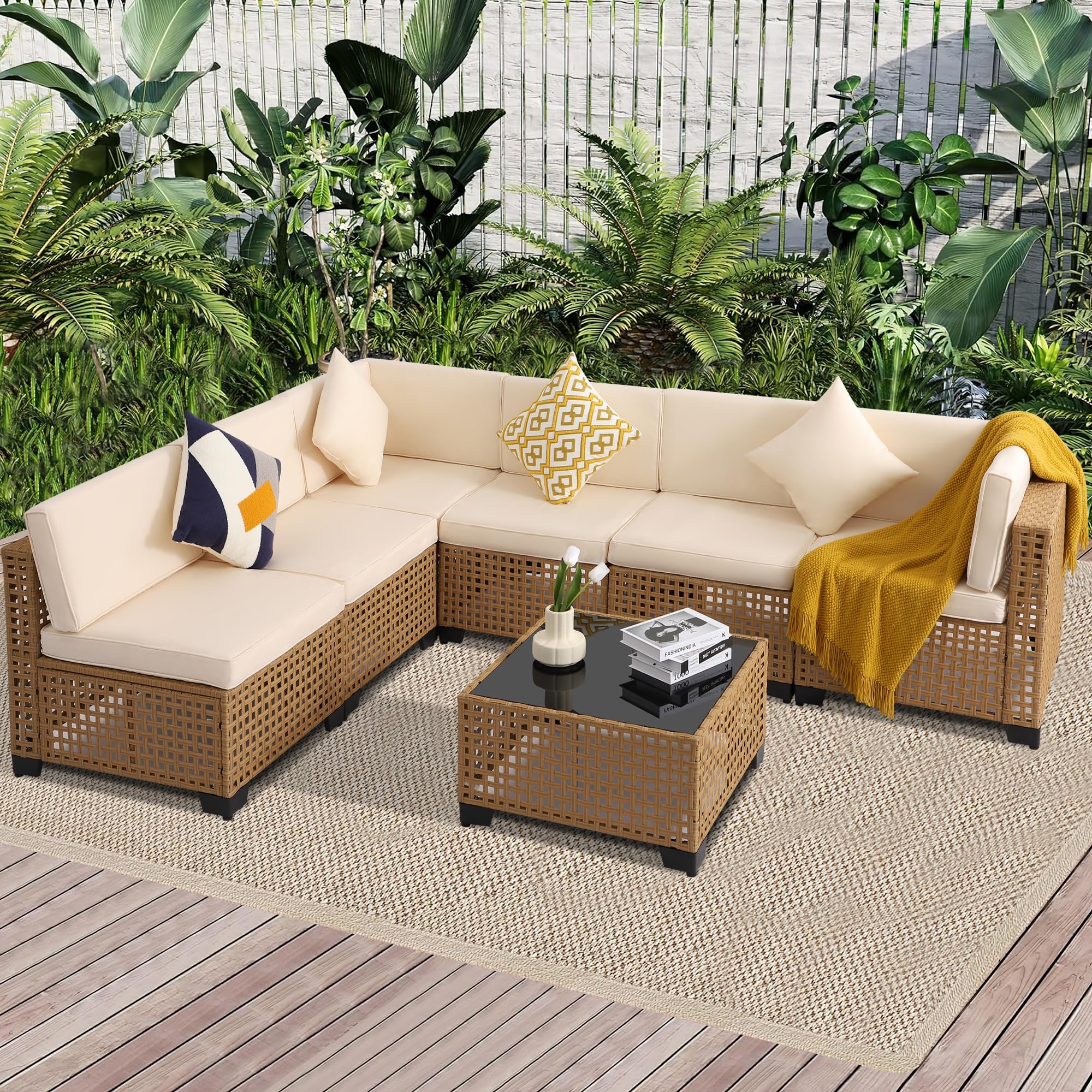 7-Piece Outdoor Patio Furniture Set with Rattan Chairs, Glass Table & Wicker Sectional Sofa - Waterproof Cushions Included (Yellow & White) - Perfect for Backyard, Garden & Poolside Relaxation