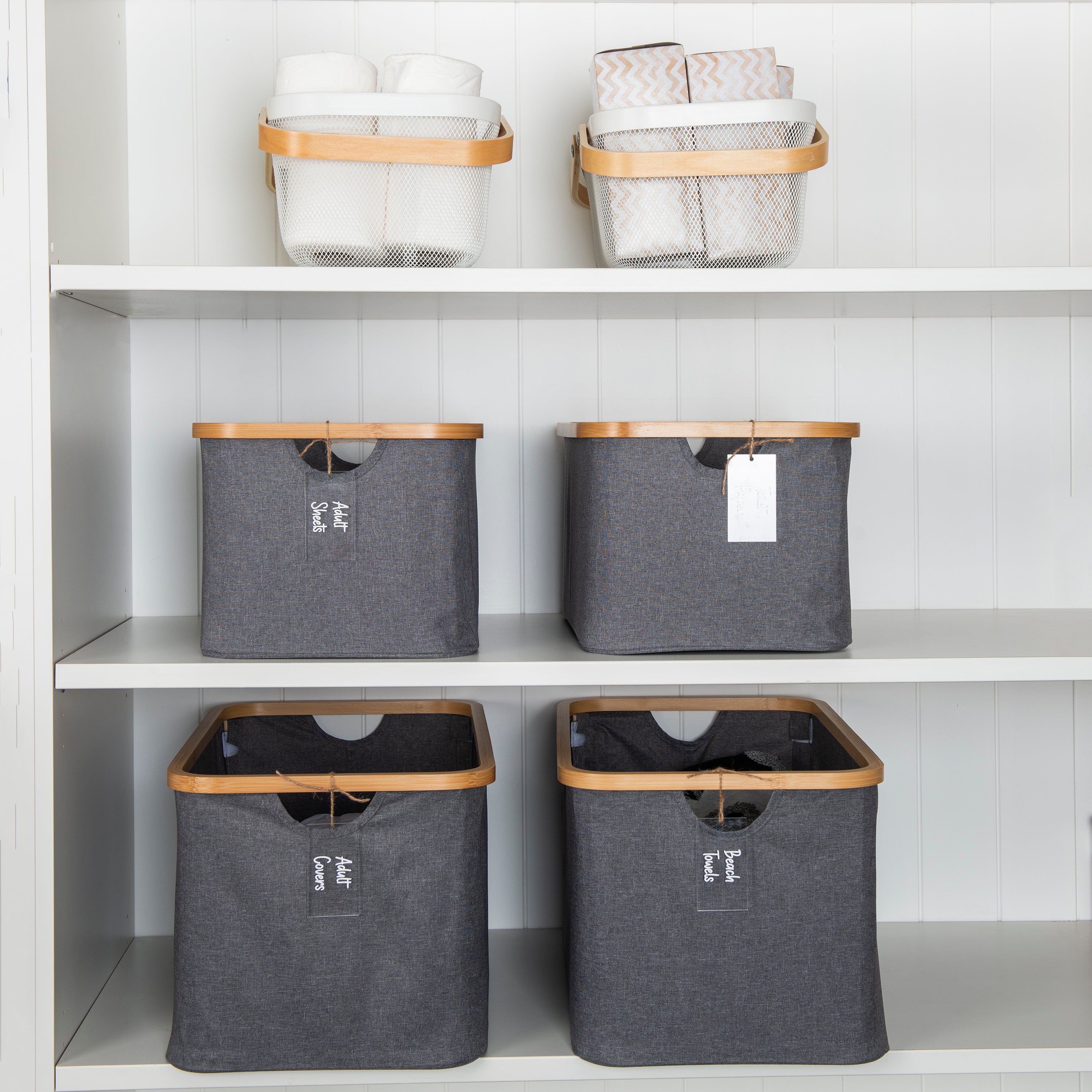 Dark Grey Linen Storage Basket & White Mesh Handy Basket 6-Piece Set - Perfect for Home Organization, Bathroom Storage, and Laundry Room Essentials